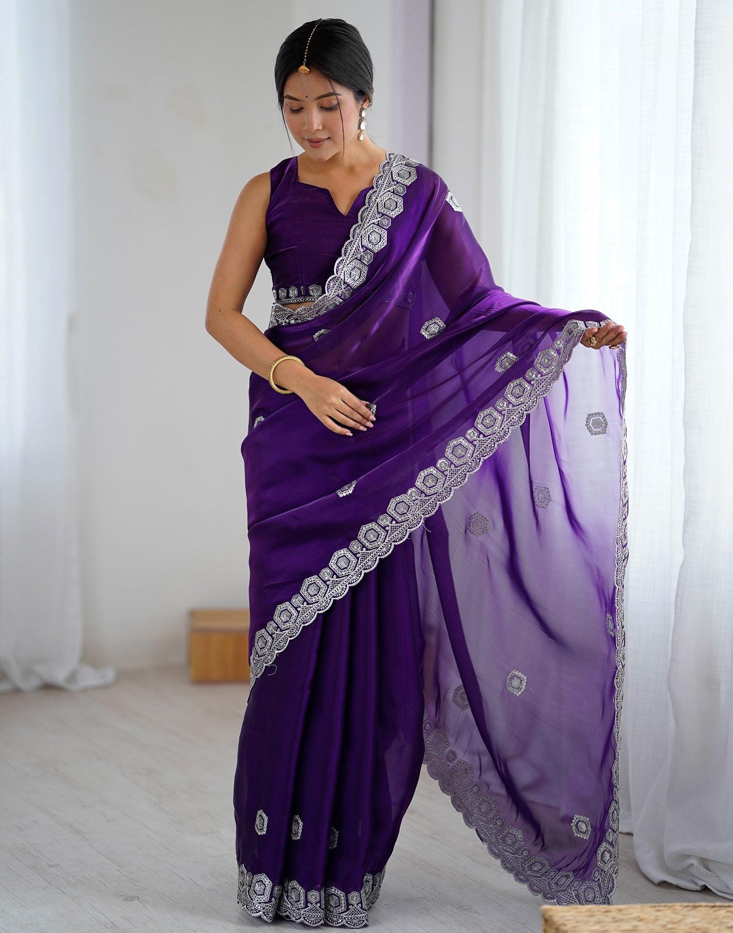 Dark Purple Tissue Silk Embroidery Saree