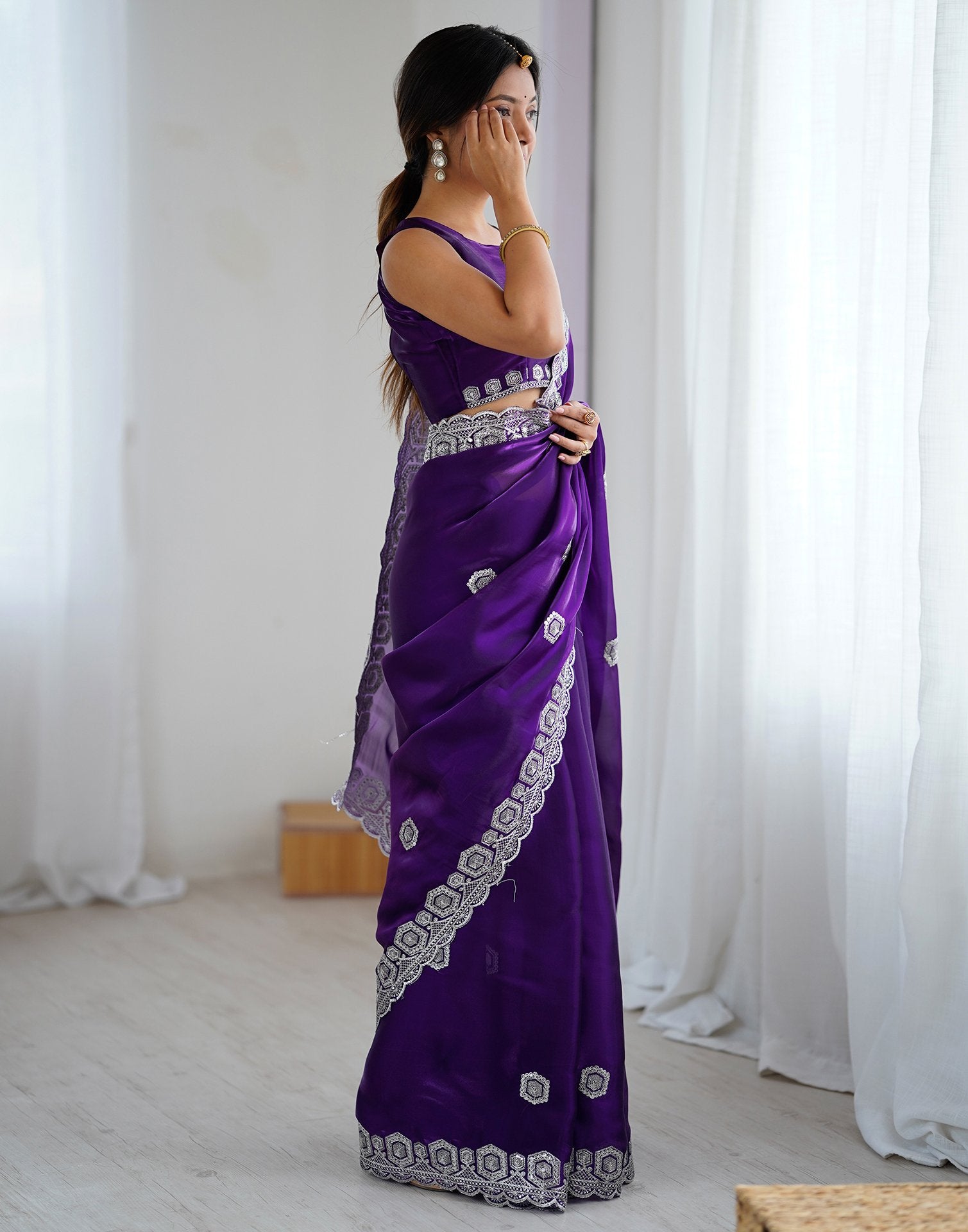Dark Purple Tissue Silk Embroidery Saree