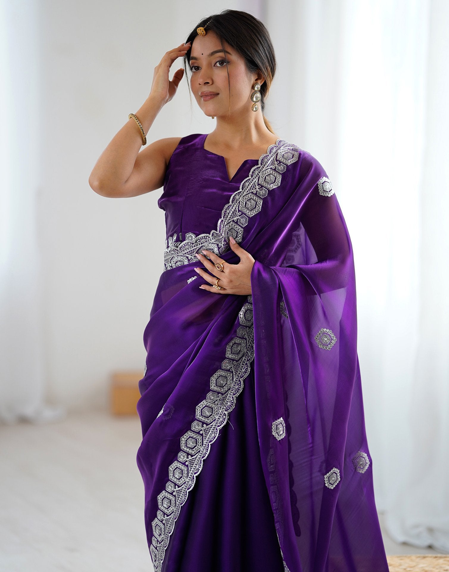 Dark Purple Tissue Silk Embroidery Saree
