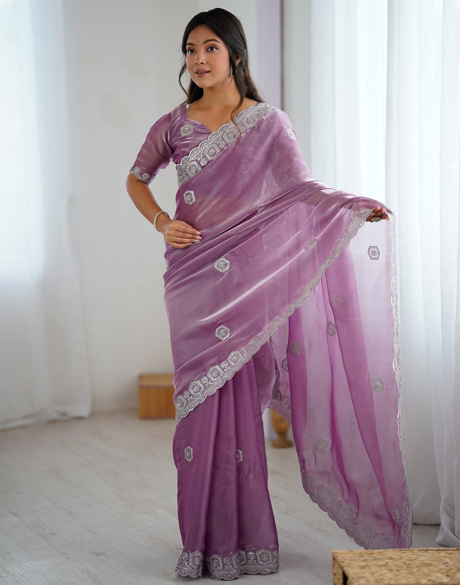 Light Purple Tissue Silk Embroidery Saree