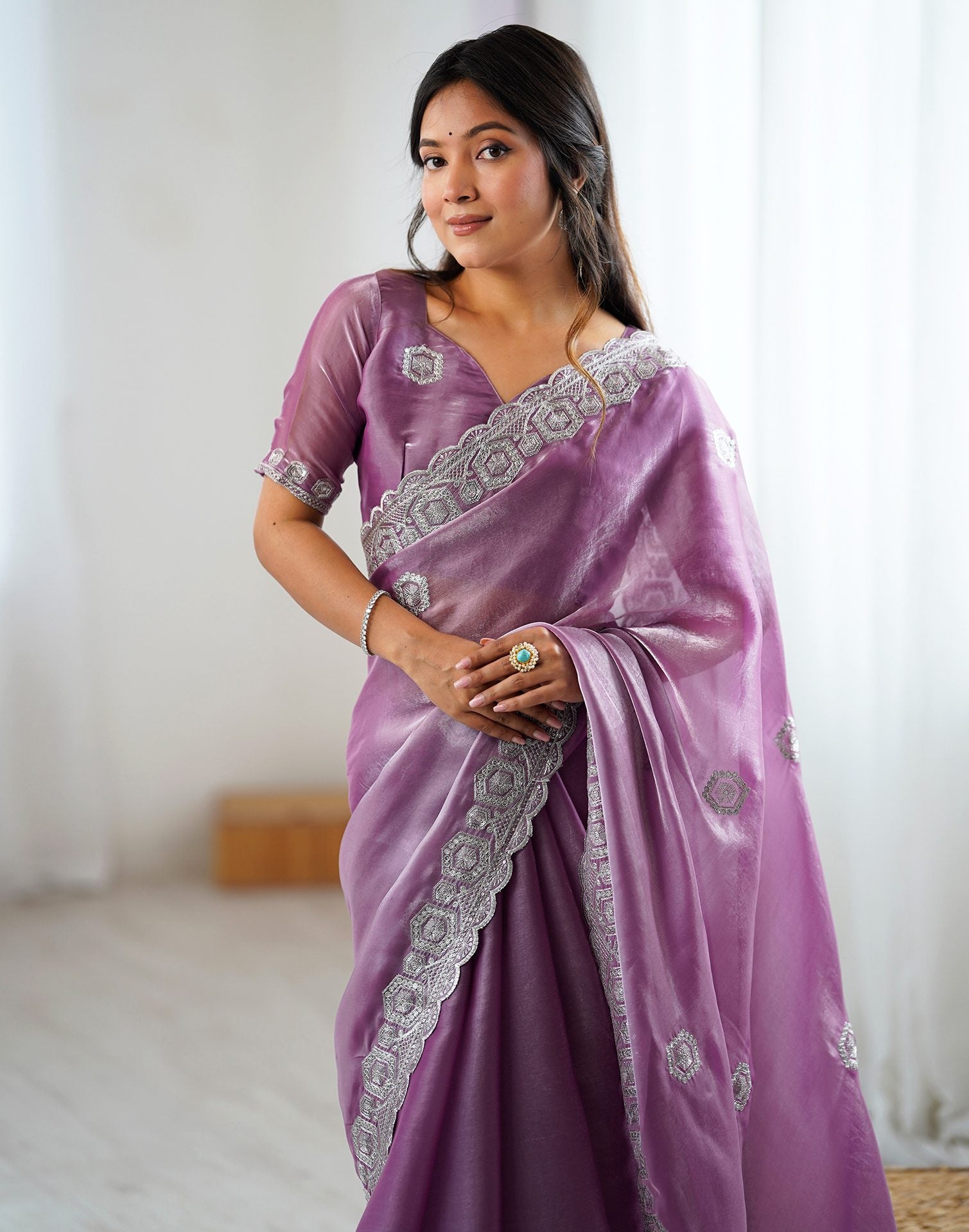 Light Purple Tissue Silk Embroidery Saree