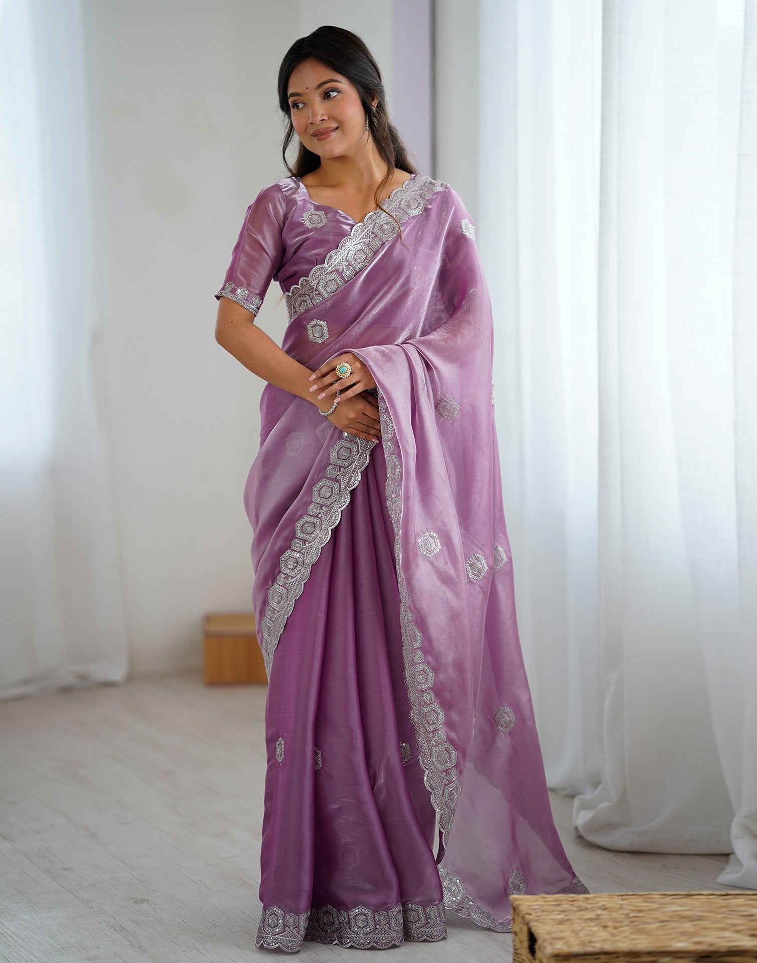 Light Purple Tissue Silk Embroidery Saree