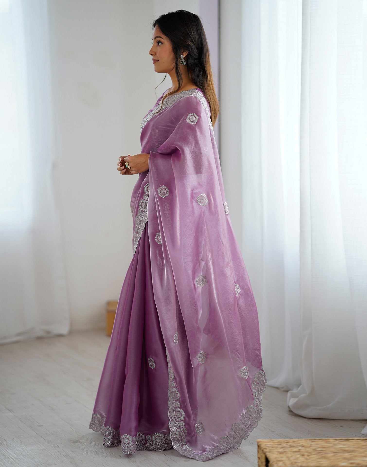 Light Purple Tissue Silk Embroidery Saree