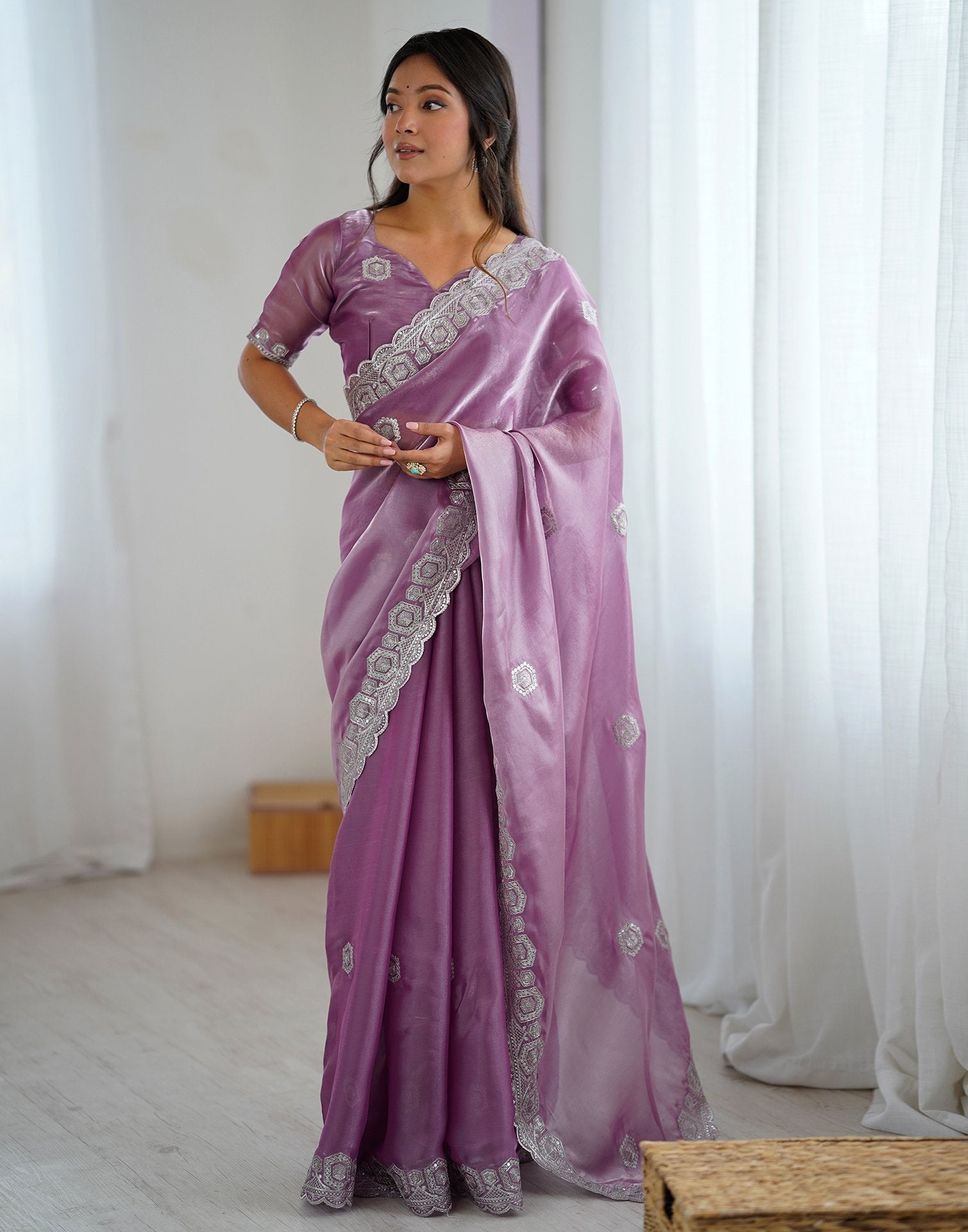 Light Purple Tissue Silk Embroidery Saree