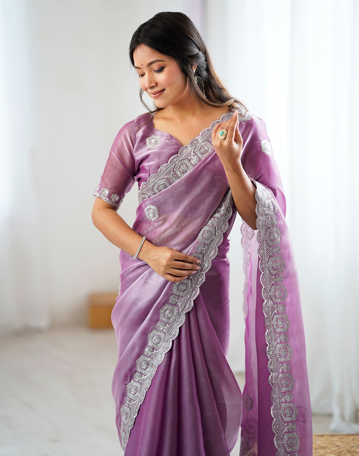 Light Purple Tissue Silk Embroidery Saree