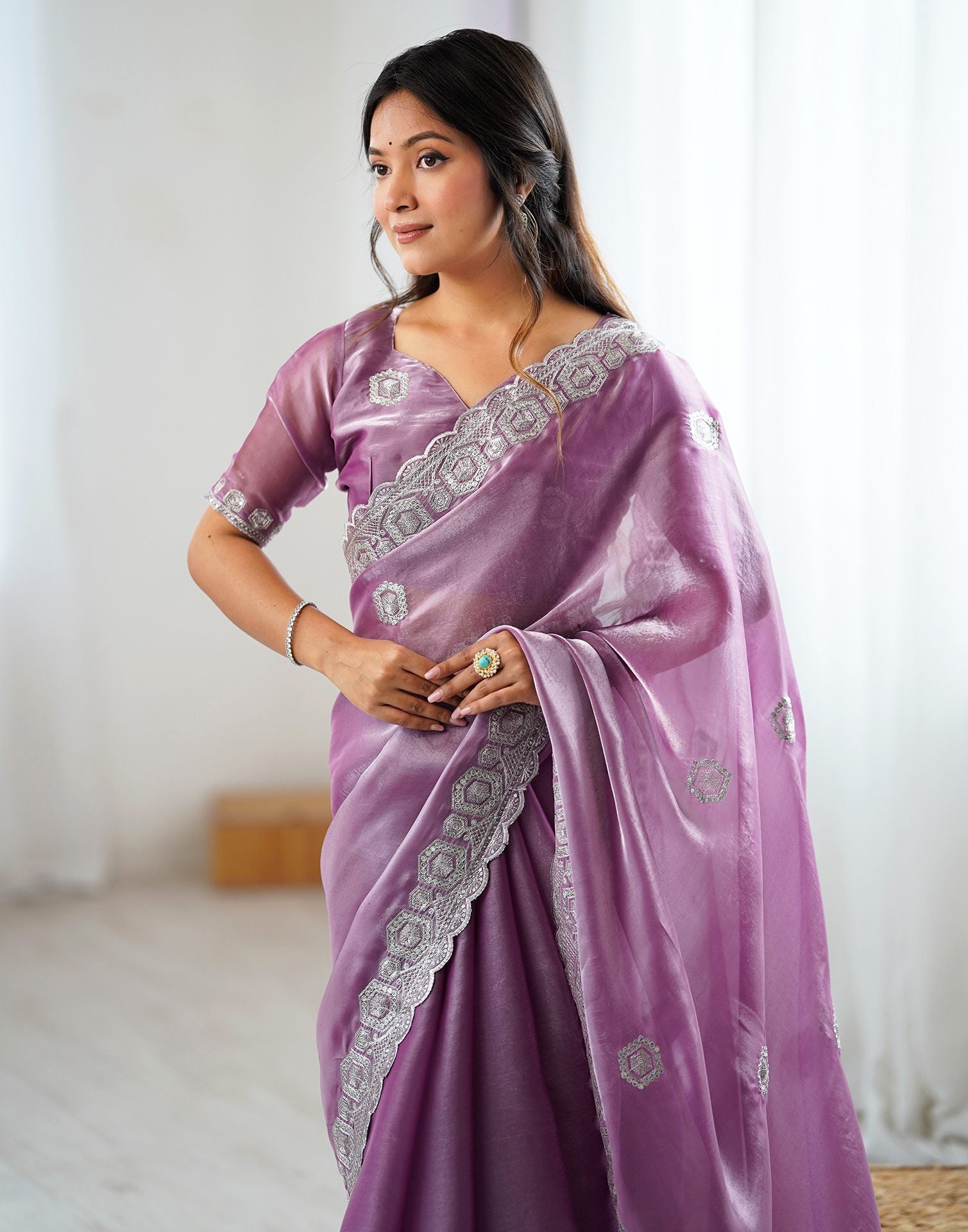 Light Purple Tissue Silk Embroidery Saree