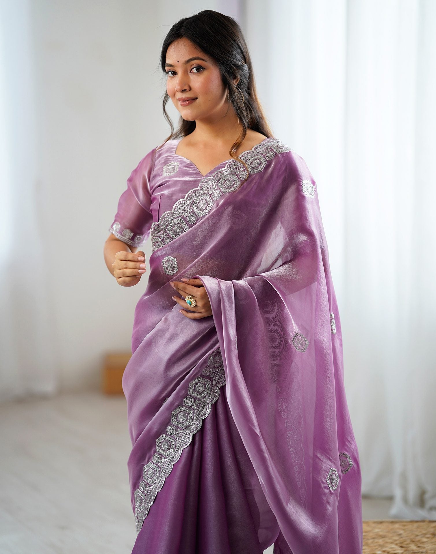 Light Purple Tissue Silk Embroidery Saree