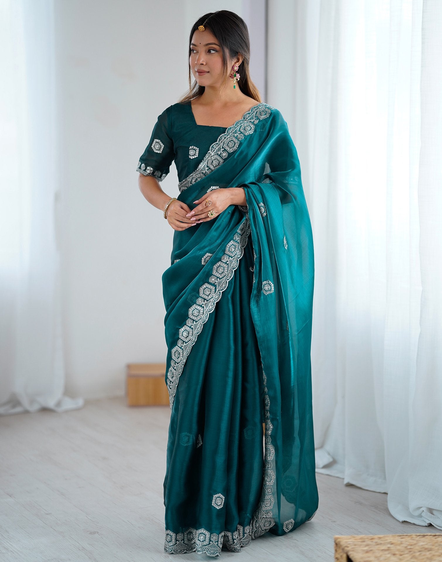Rama Green Tissue Silk Embroidery Saree