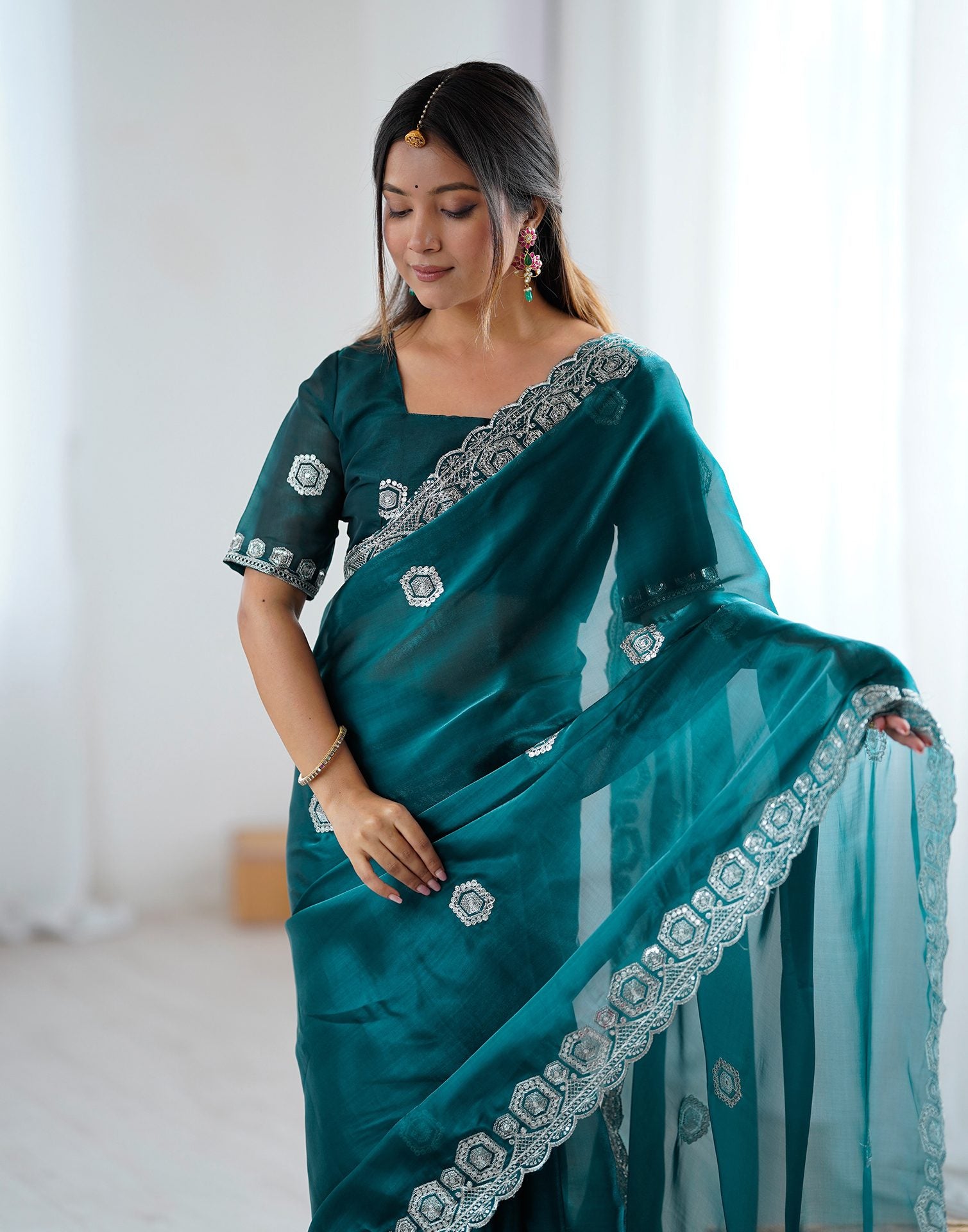 Rama Green Tissue Silk Embroidery Saree