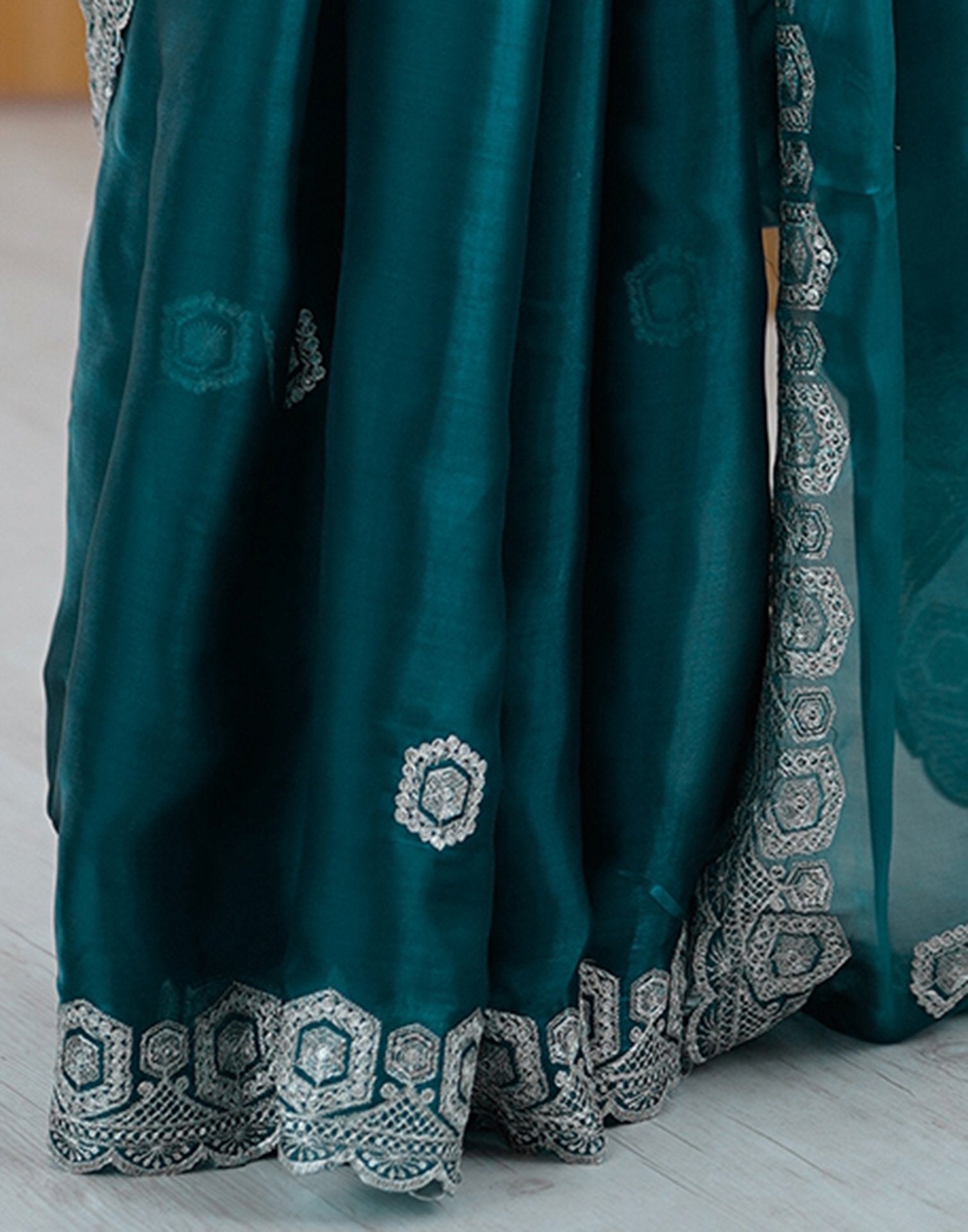 Rama Green Tissue Silk Embroidery Saree