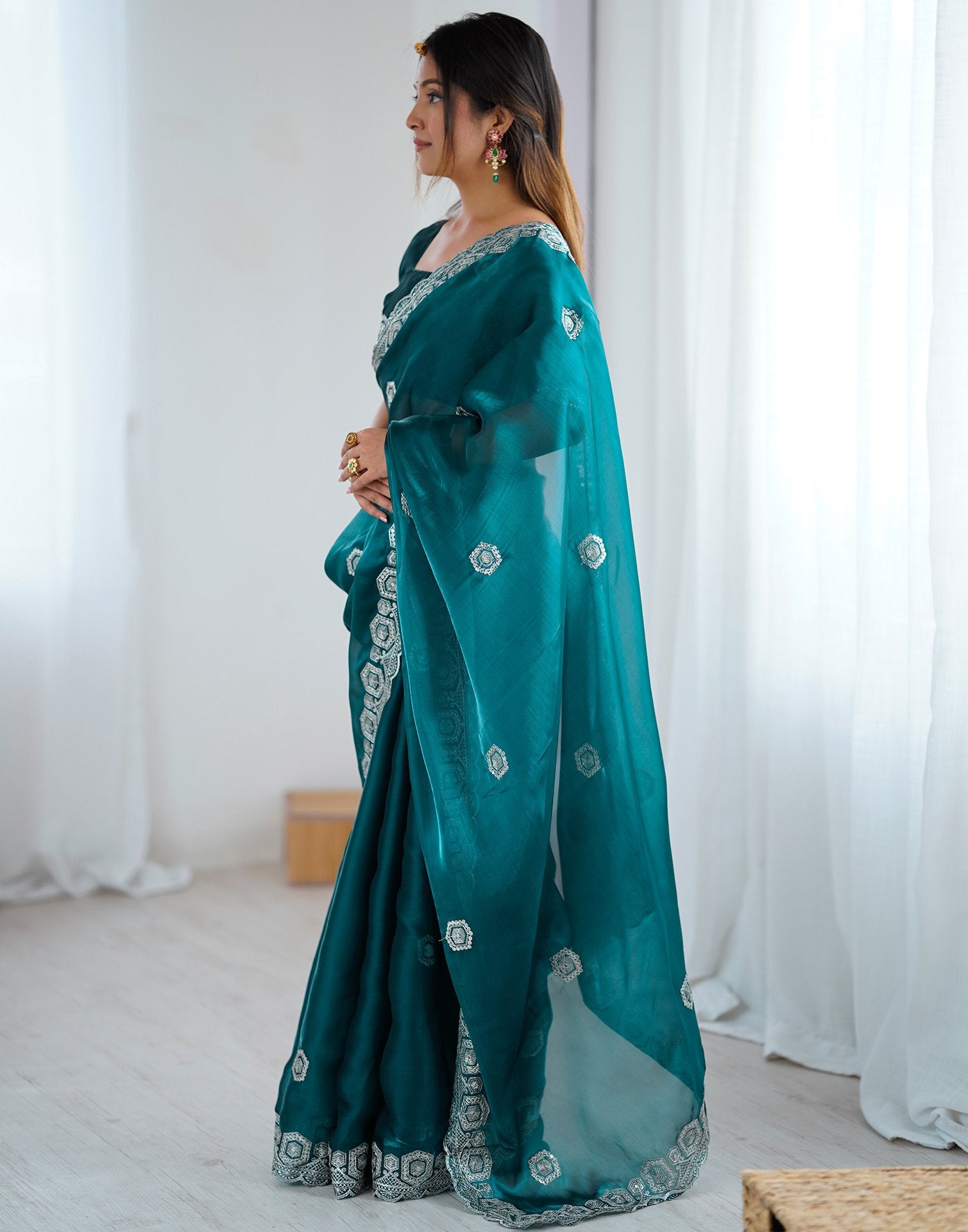 Rama Green Tissue Silk Embroidery Saree