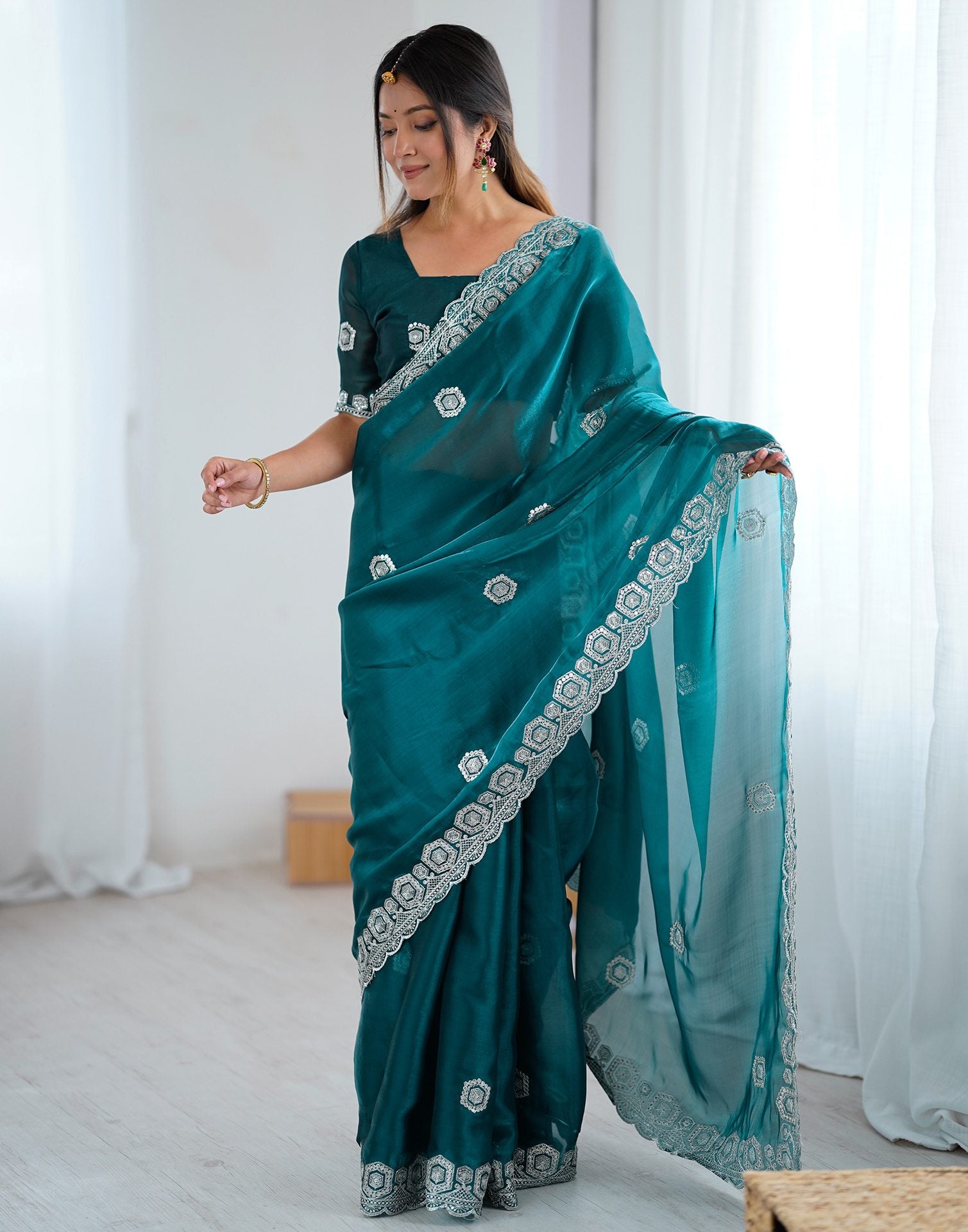 Rama Green Tissue Silk Embroidery Saree