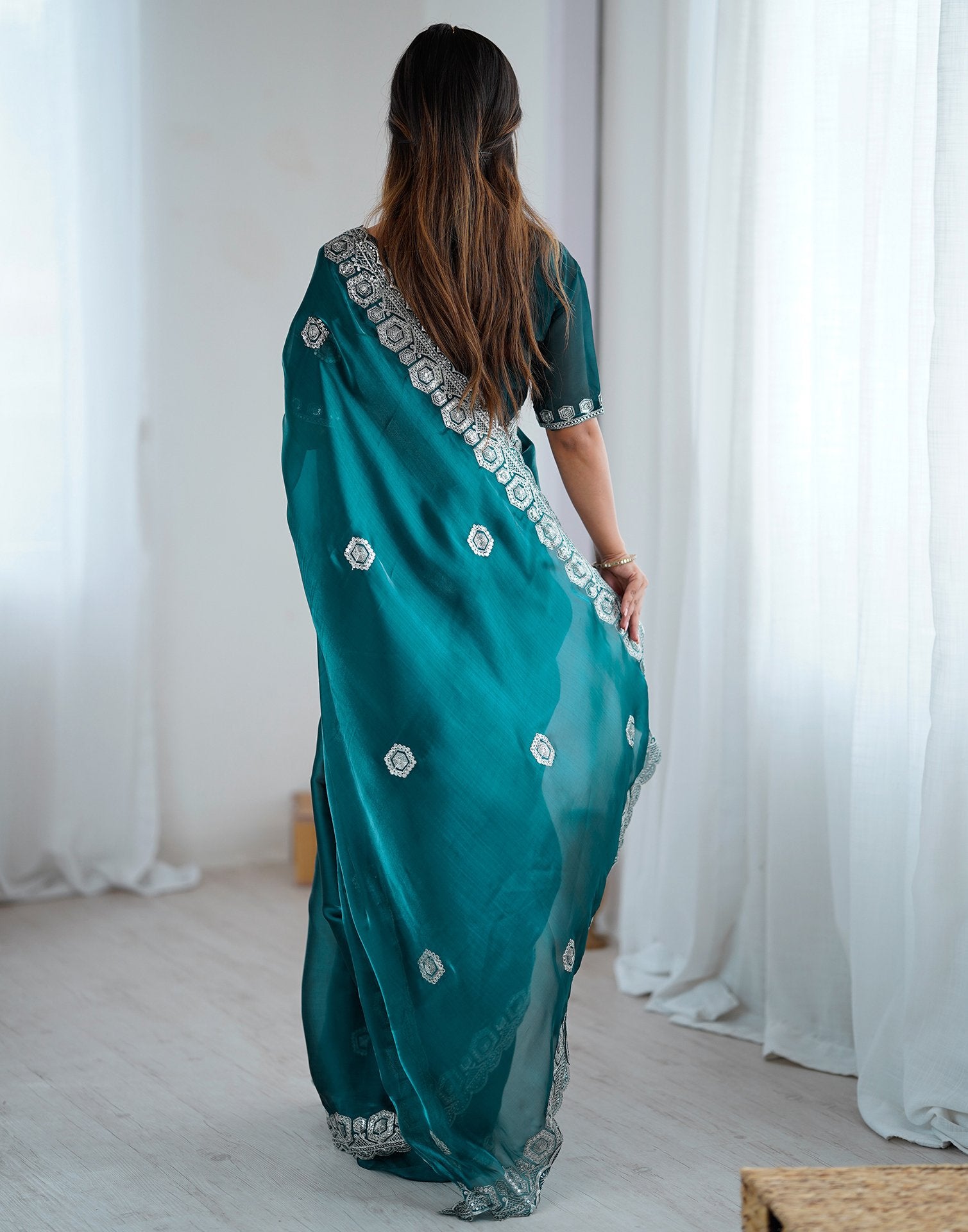 Rama Green Tissue Silk Embroidery Saree