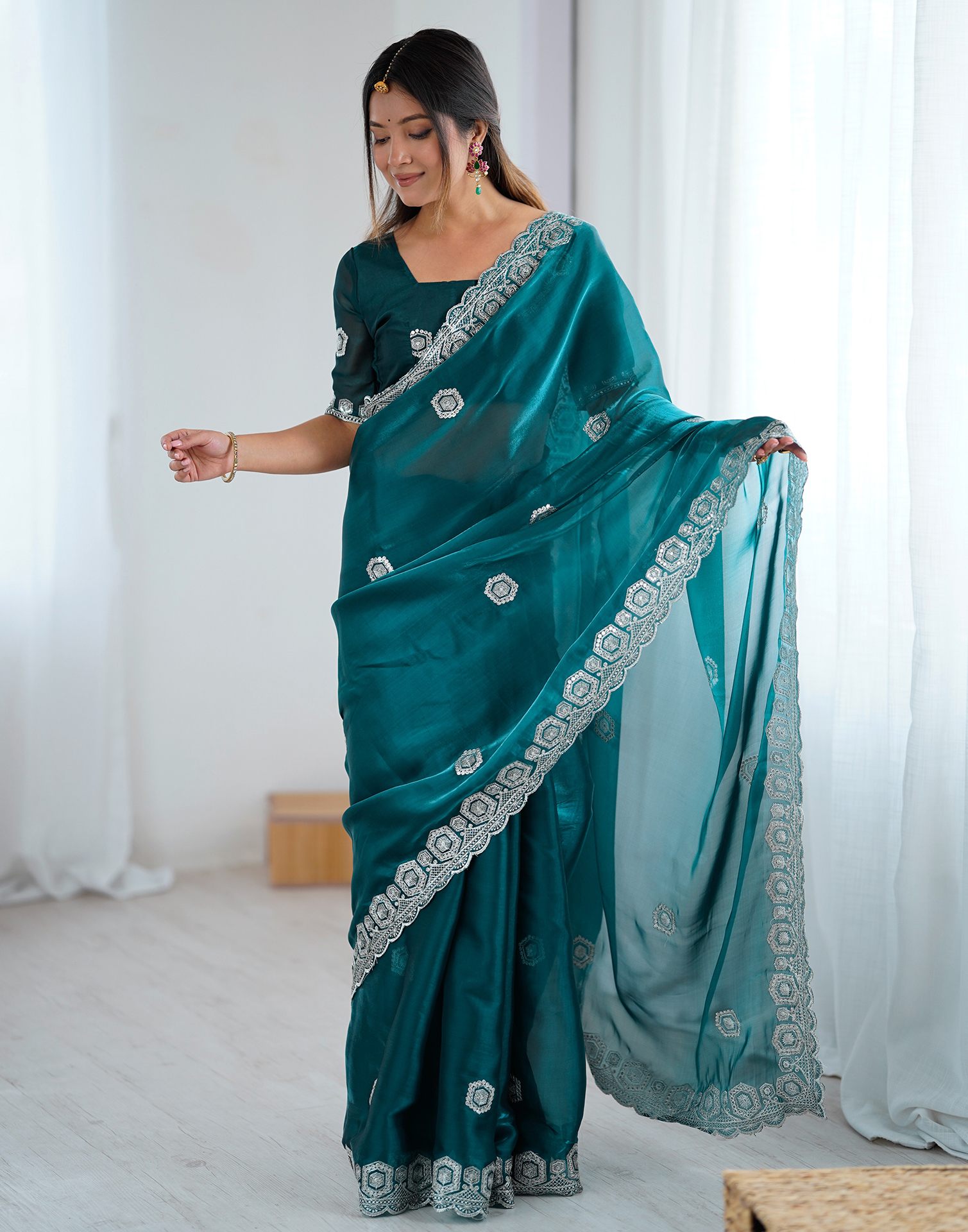 Rama Green Tissue Silk Embroidery Saree