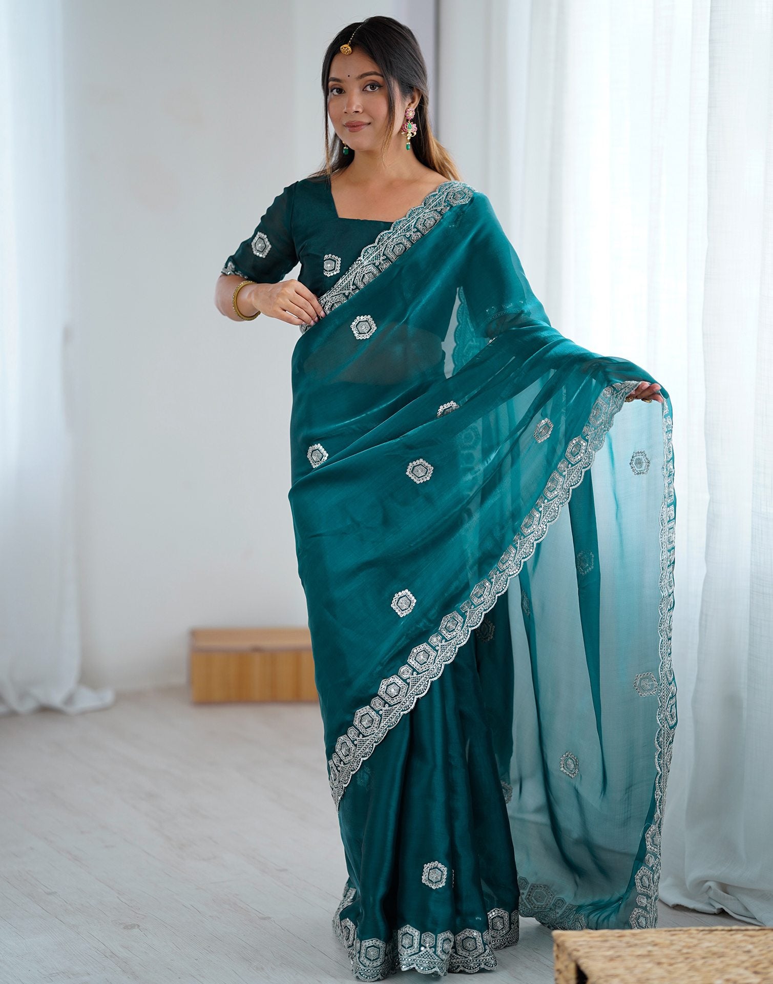 Rama Green Tissue Silk Embroidery Saree