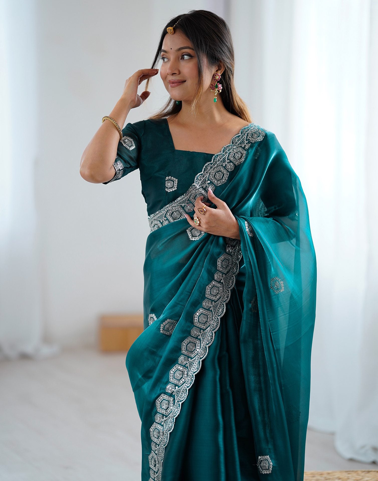 Rama Green Tissue Silk Embroidery Saree