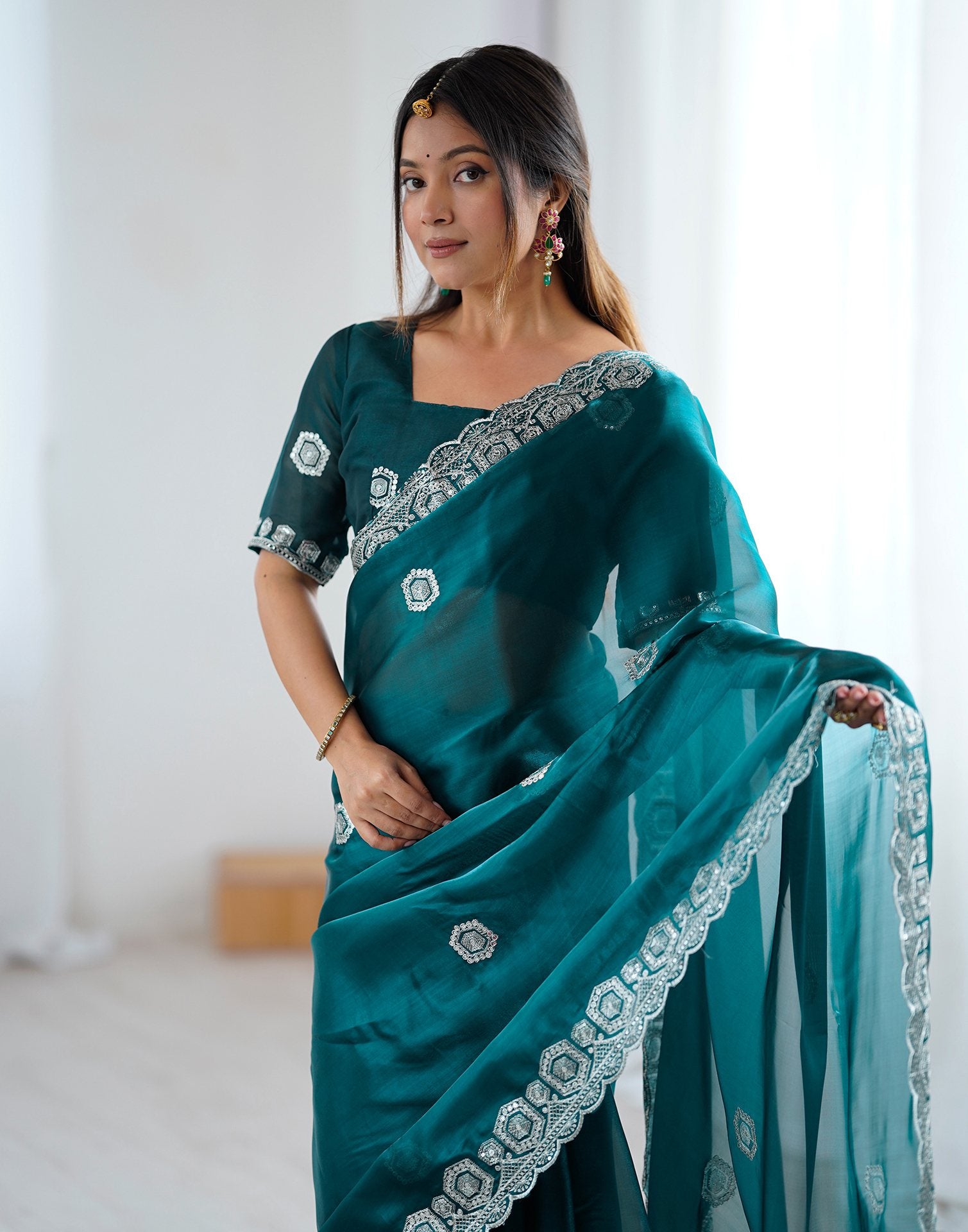 Rama Green Tissue Silk Embroidery Saree