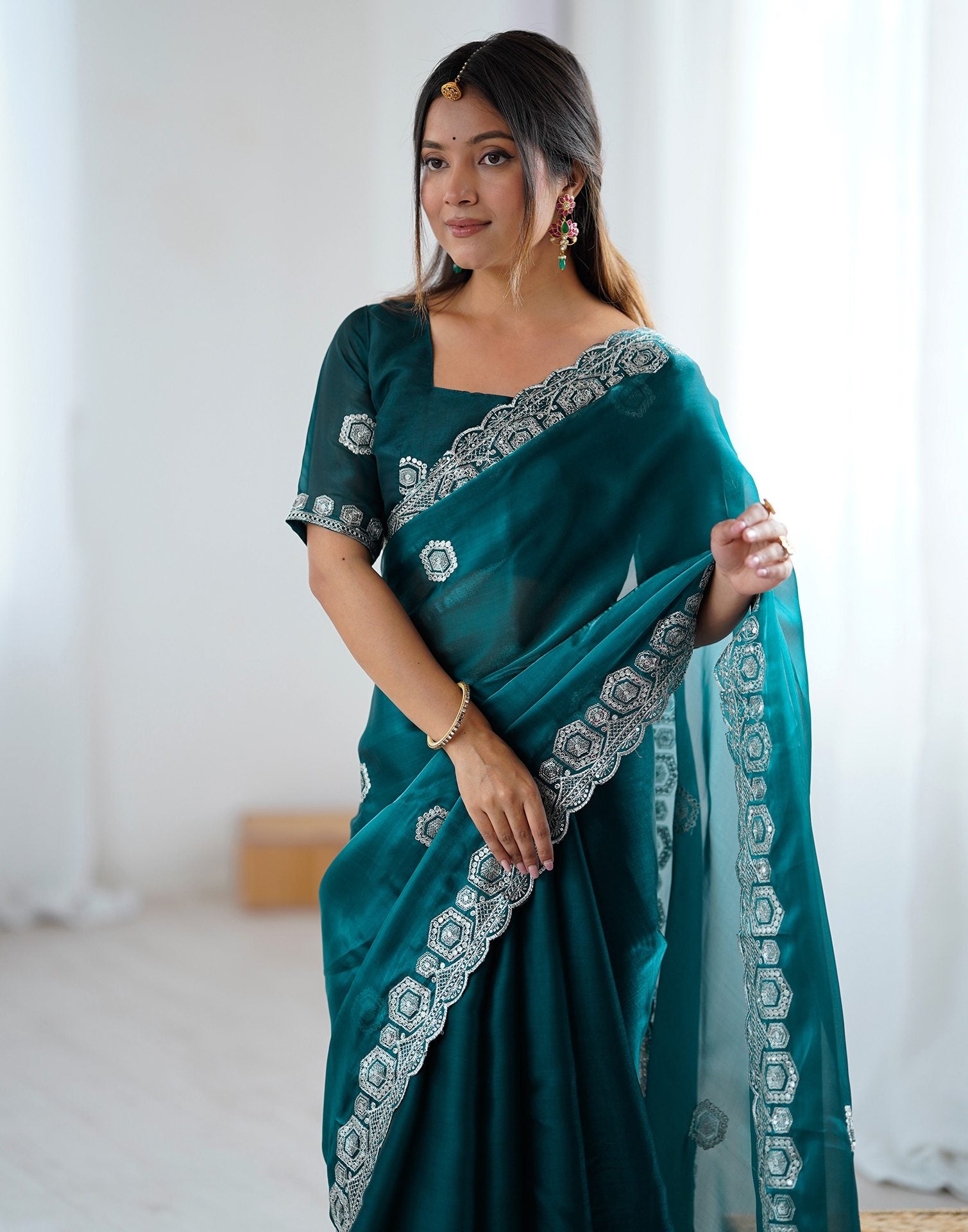 Rama Green Tissue Silk Embroidery Saree