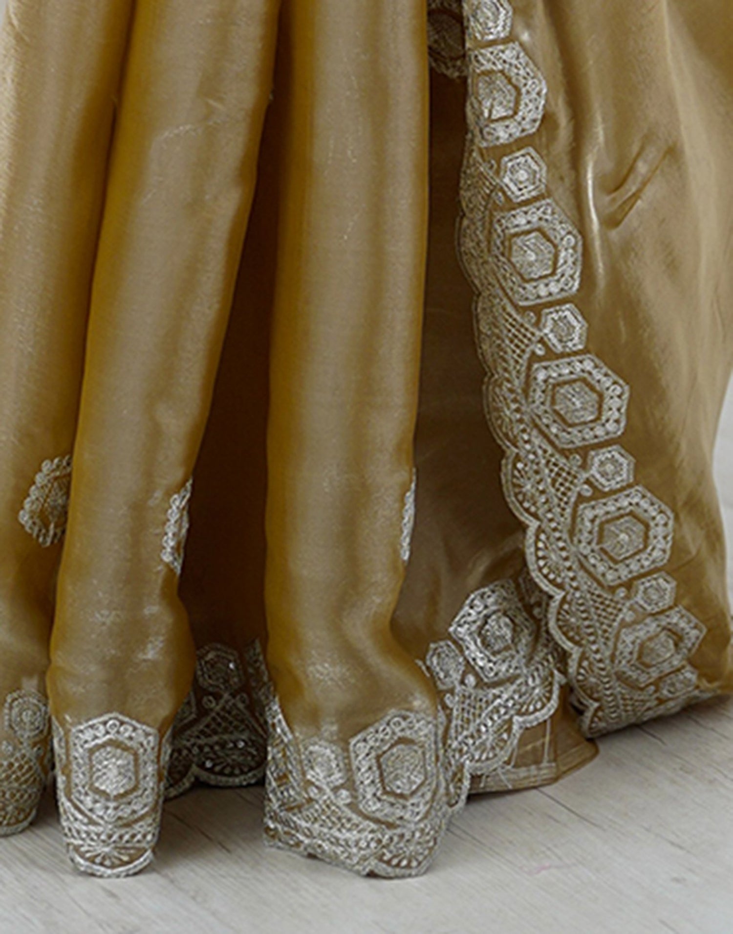Dark Beige Tissue Silk Embroidery Saree