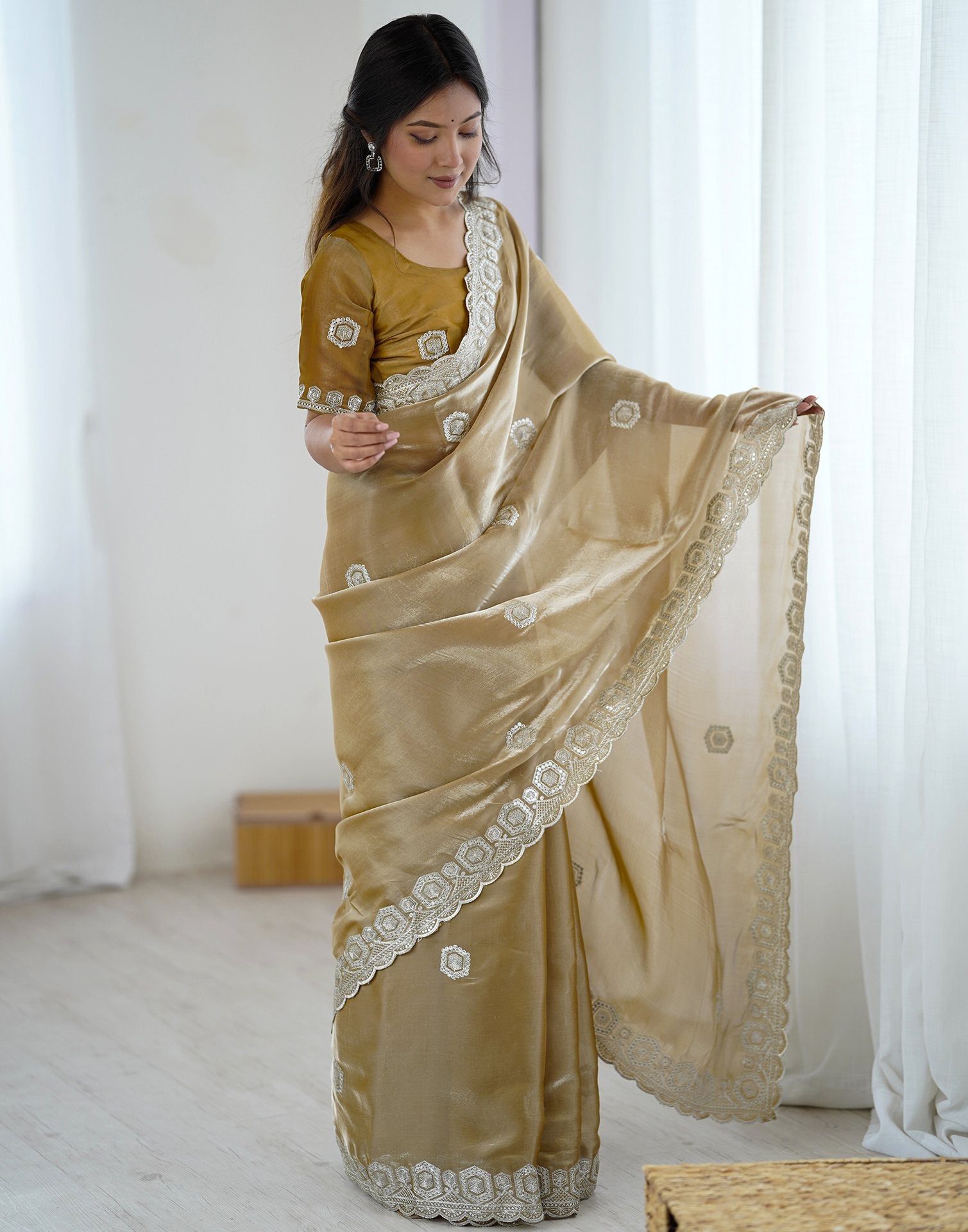 Dark Beige Tissue Silk Embroidery Saree