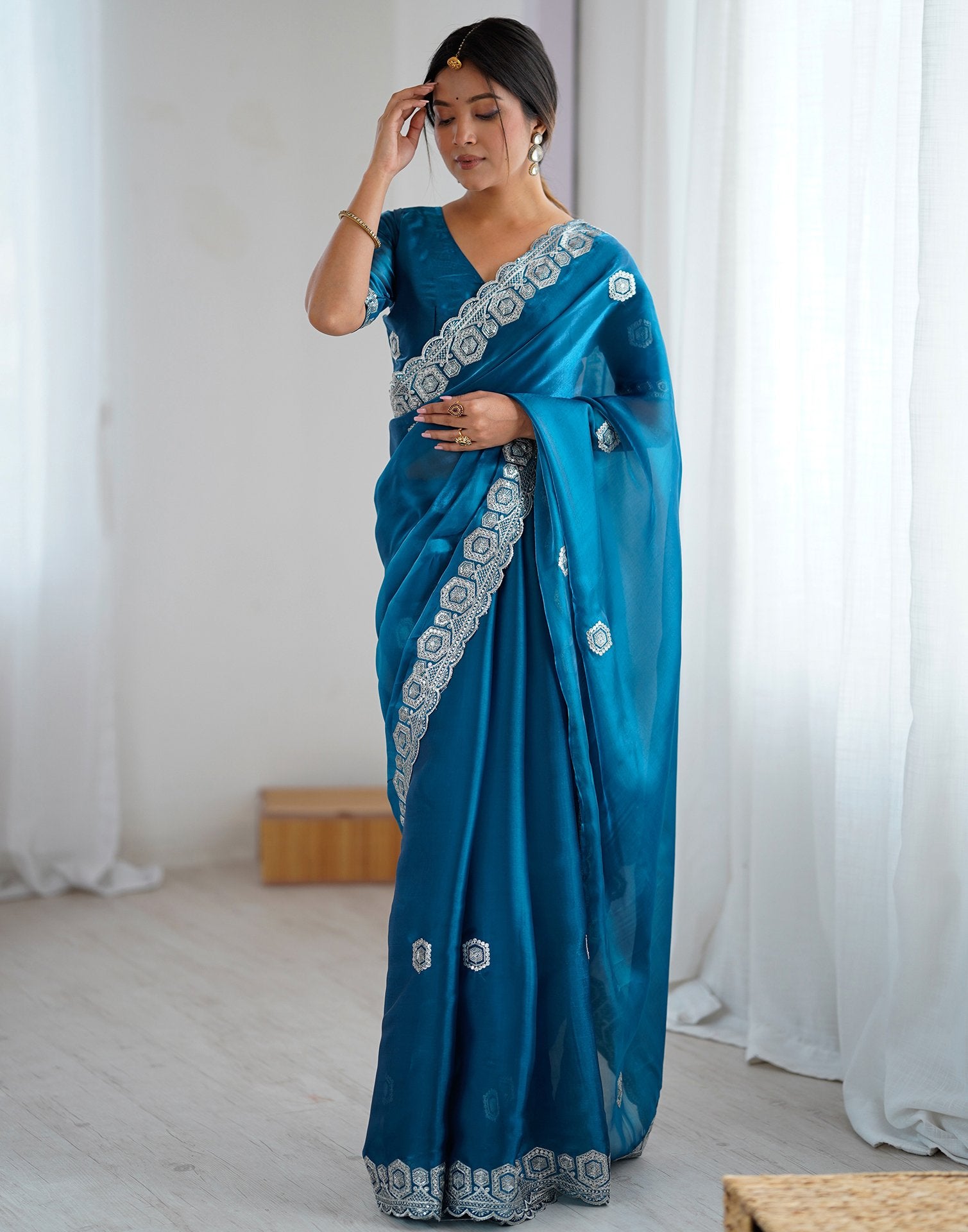 Peacock Blue Tissue Silk Embroidery Saree