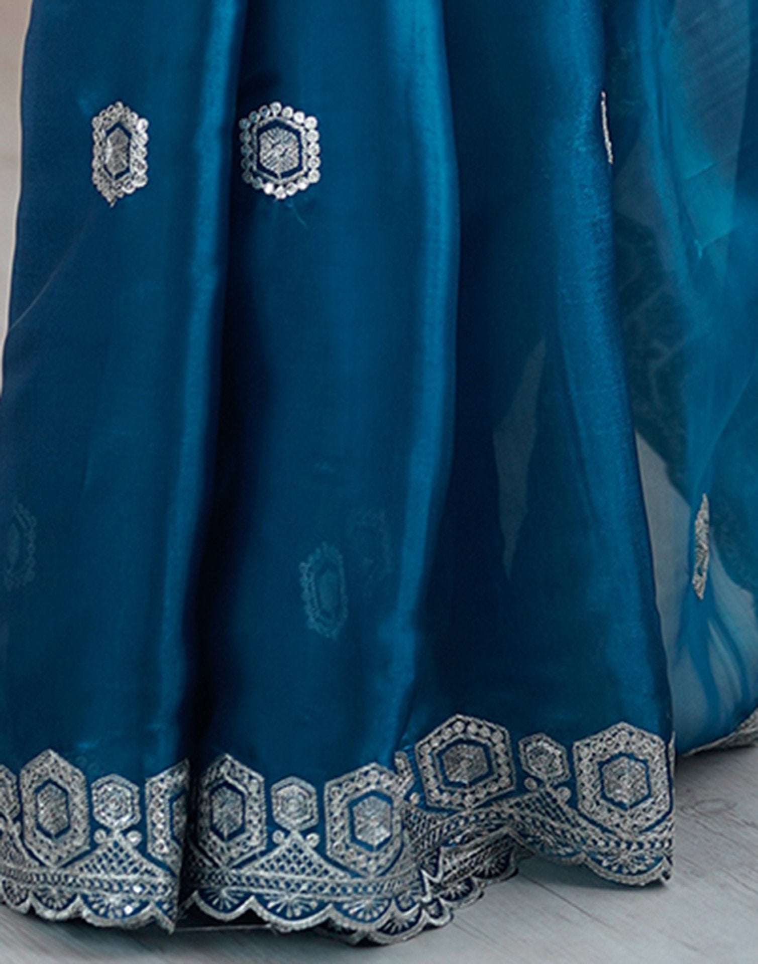 Peacock Blue Tissue Silk Embroidery Saree