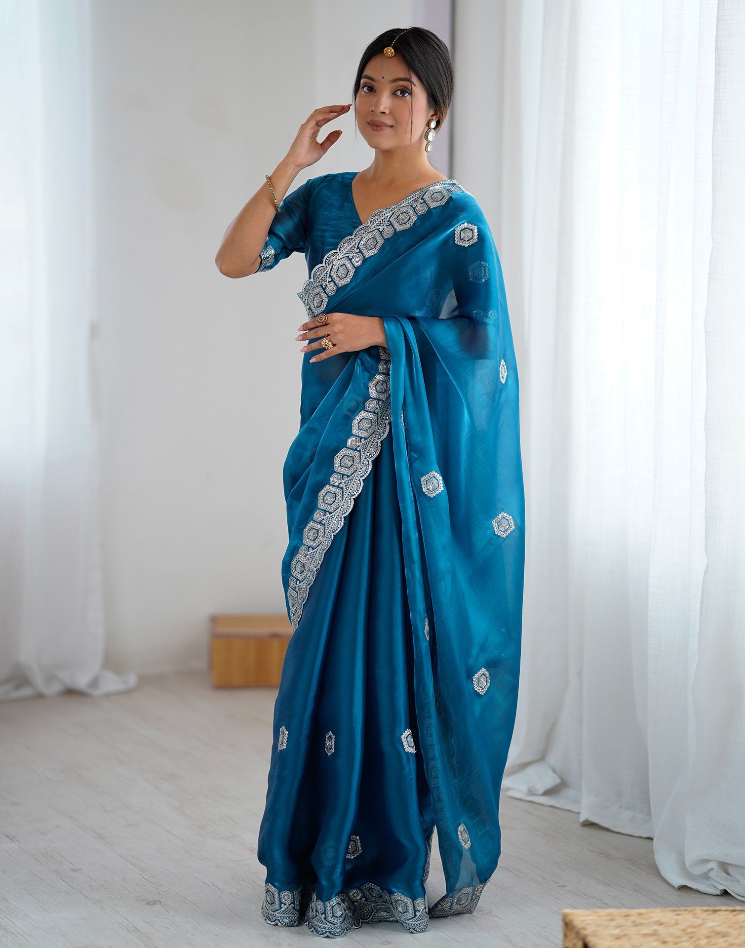 Peacock Blue Tissue Silk Embroidery Saree