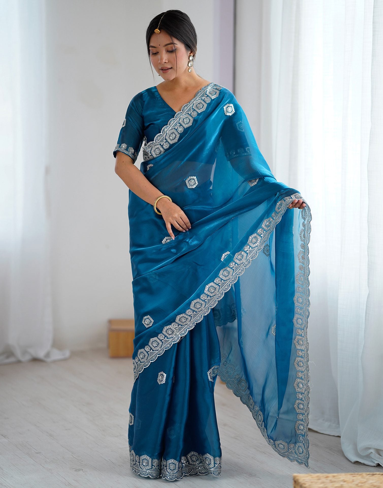 Peacock Blue Tissue Silk Embroidery Saree