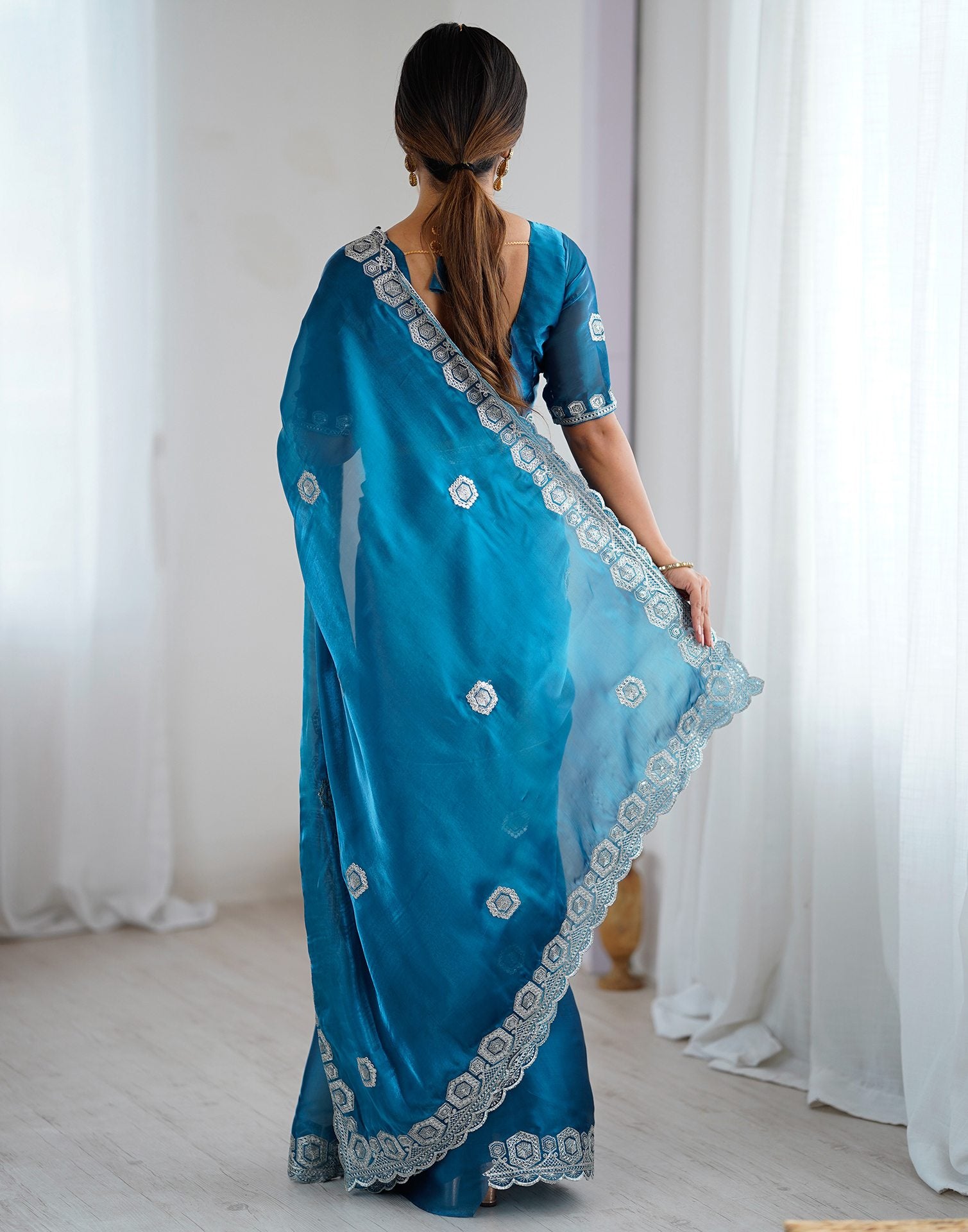 Peacock Blue Tissue Silk Embroidery Saree