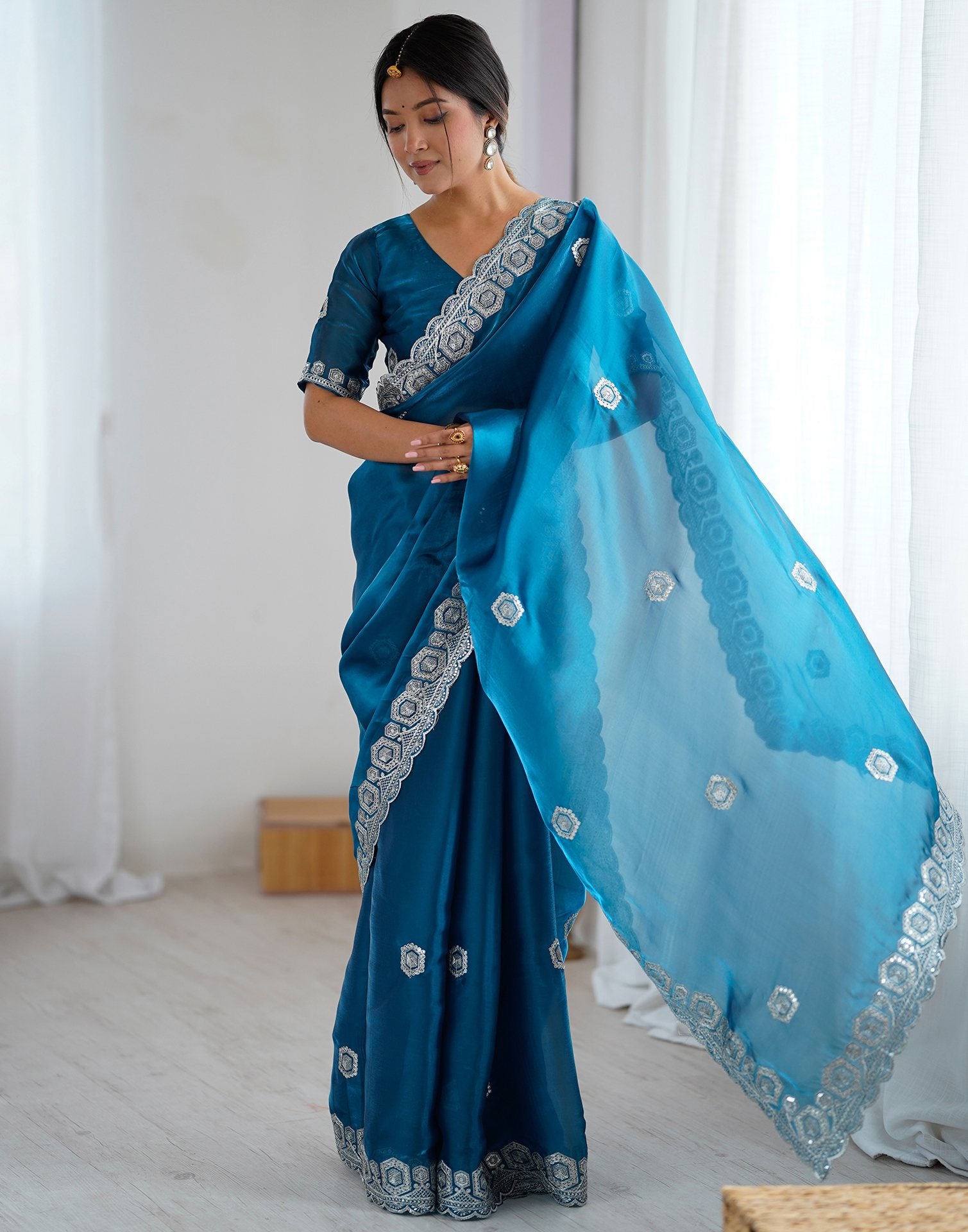 Peacock Blue Tissue Silk Embroidery Saree