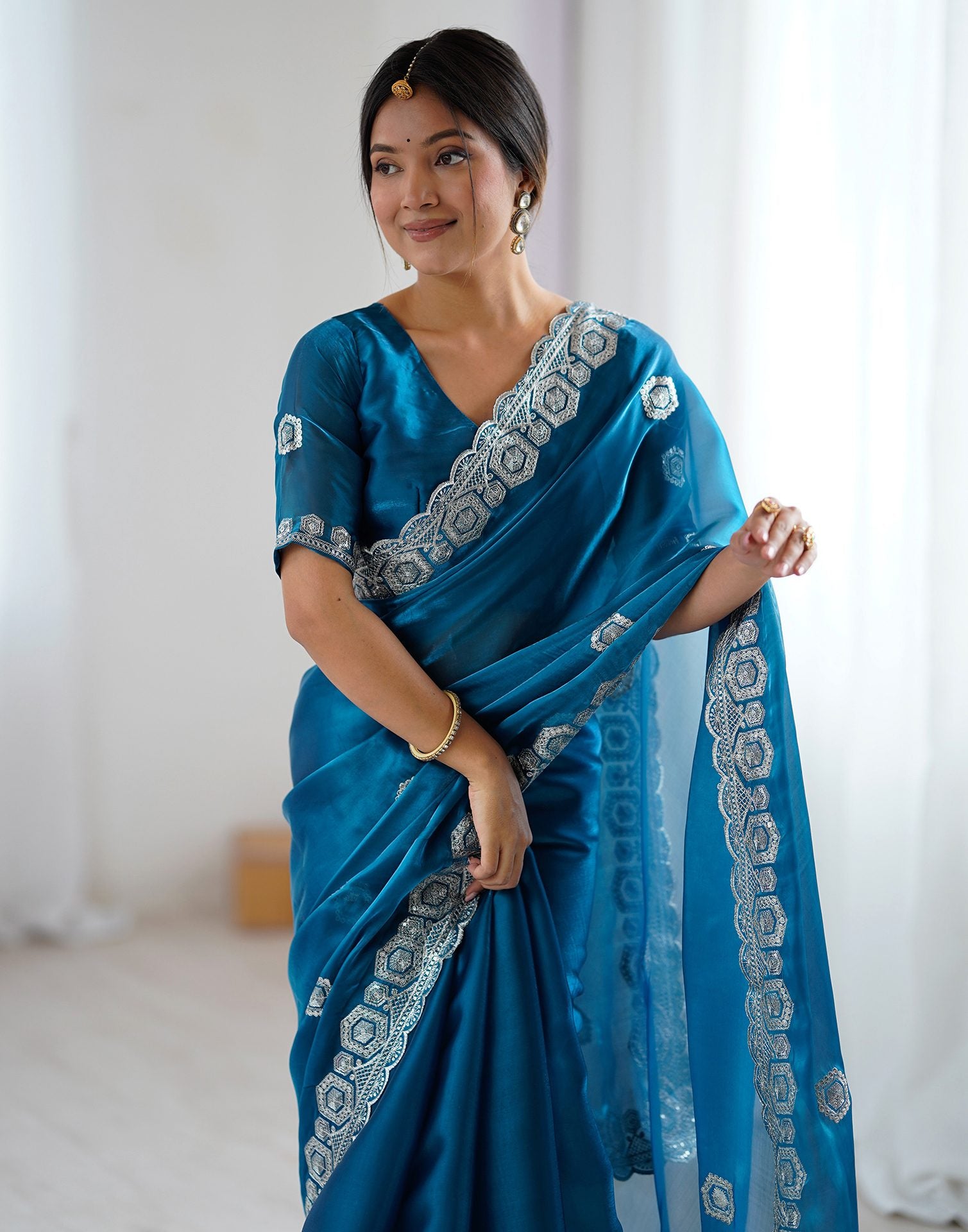 Peacock Blue Tissue Silk Embroidery Saree