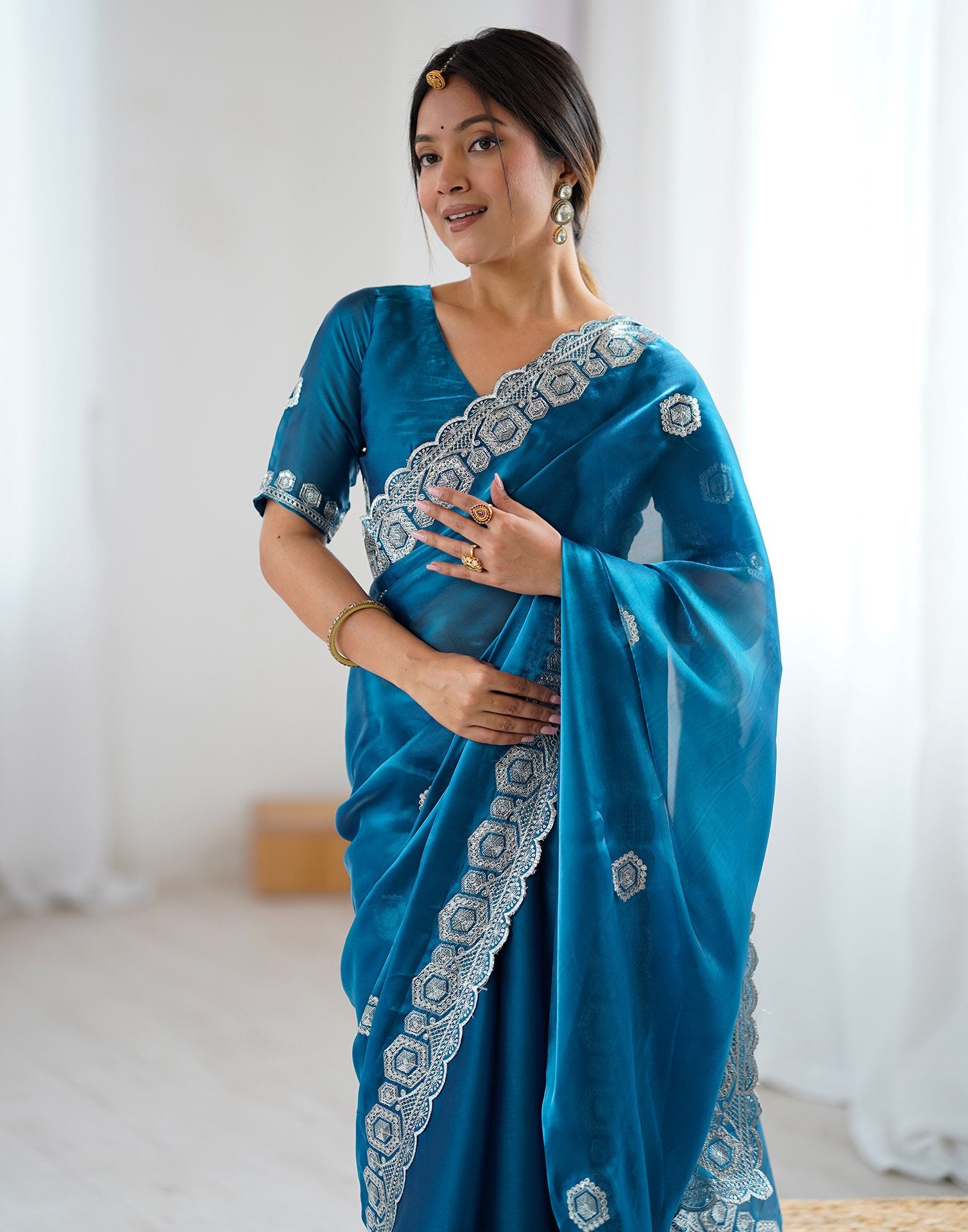 Peacock Blue Tissue Silk Embroidery Saree