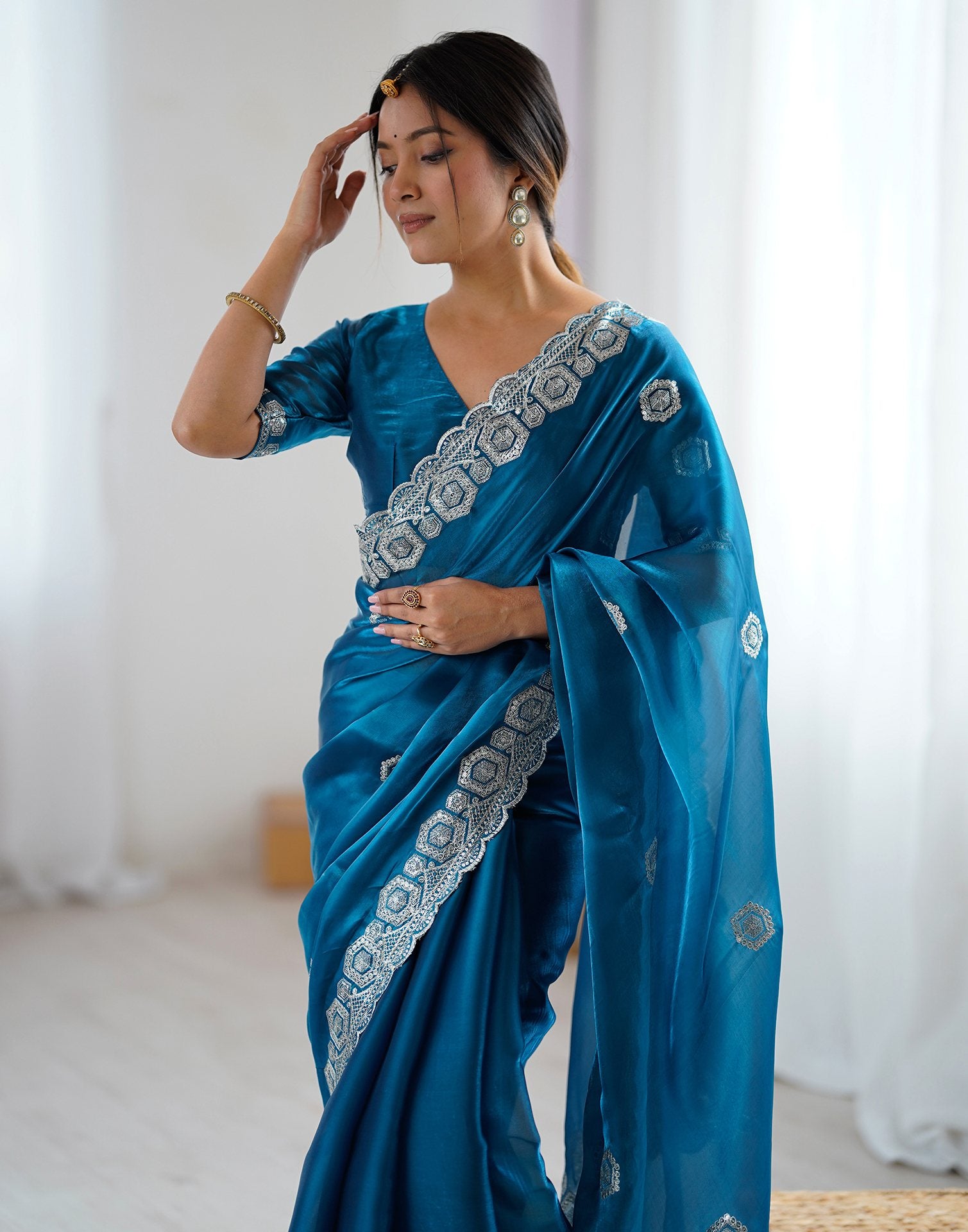 Peacock Blue Tissue Silk Embroidery Saree