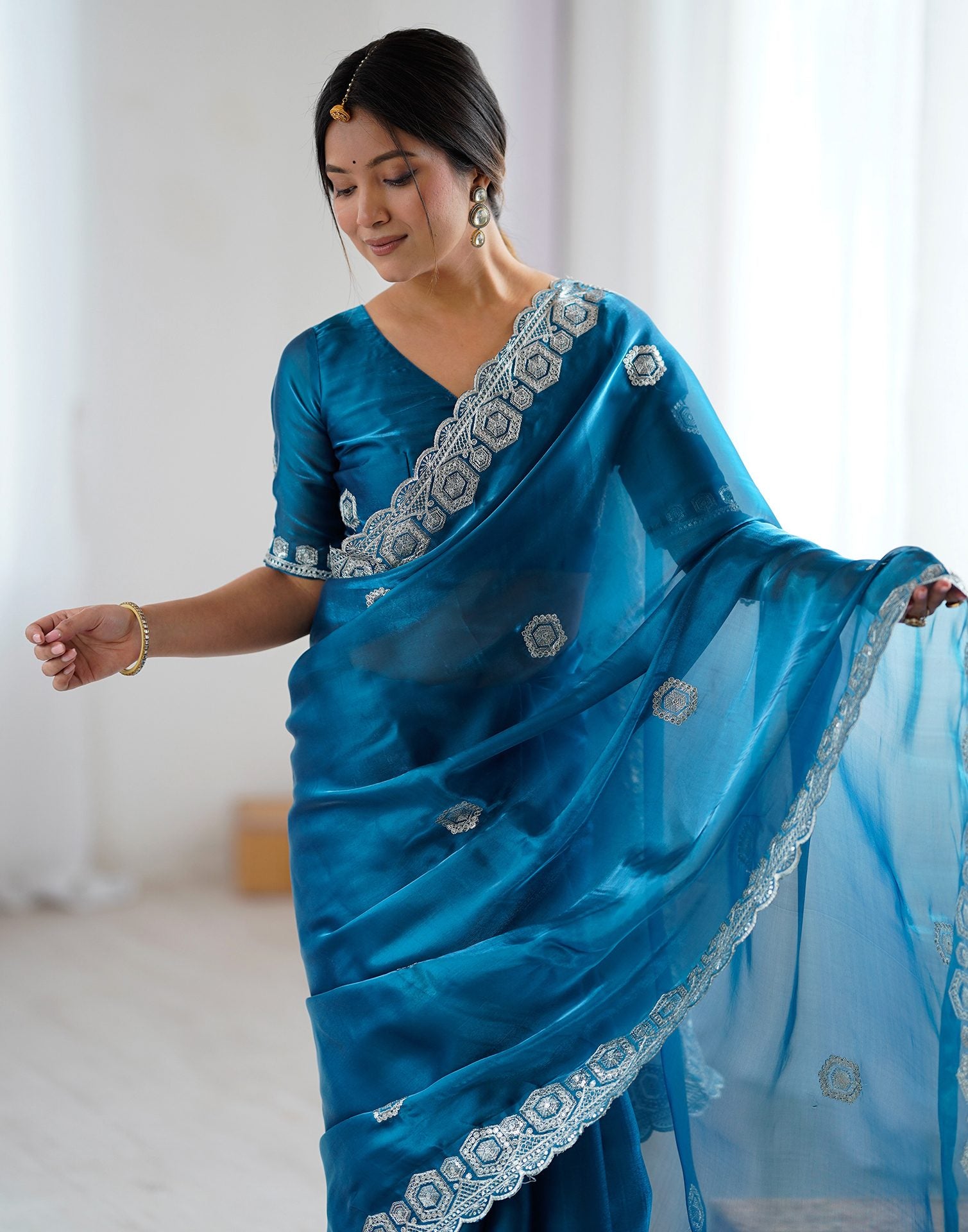 Peacock Blue Tissue Silk Embroidery Saree