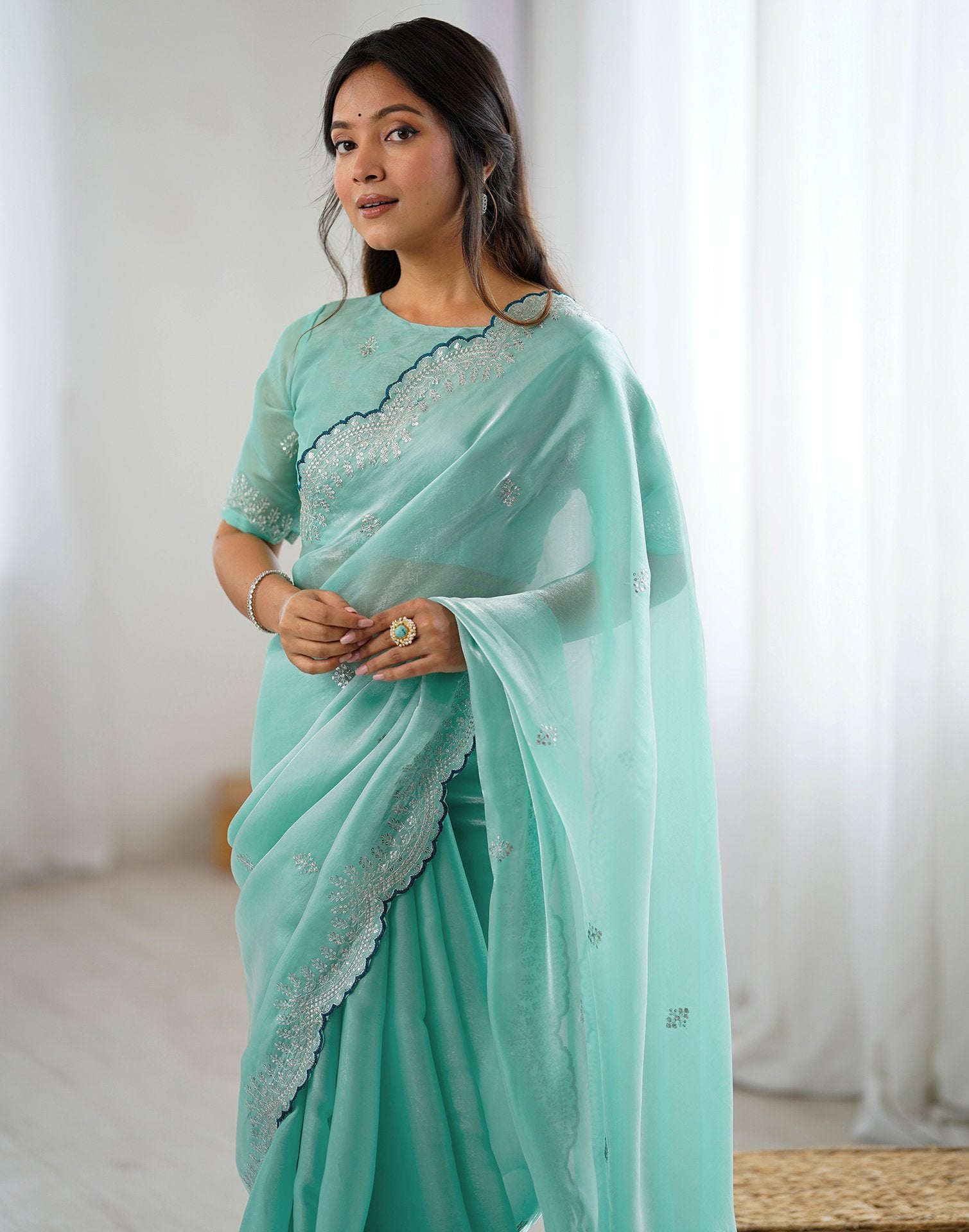 Sky Blue Tissue Silk Embroidery Saree