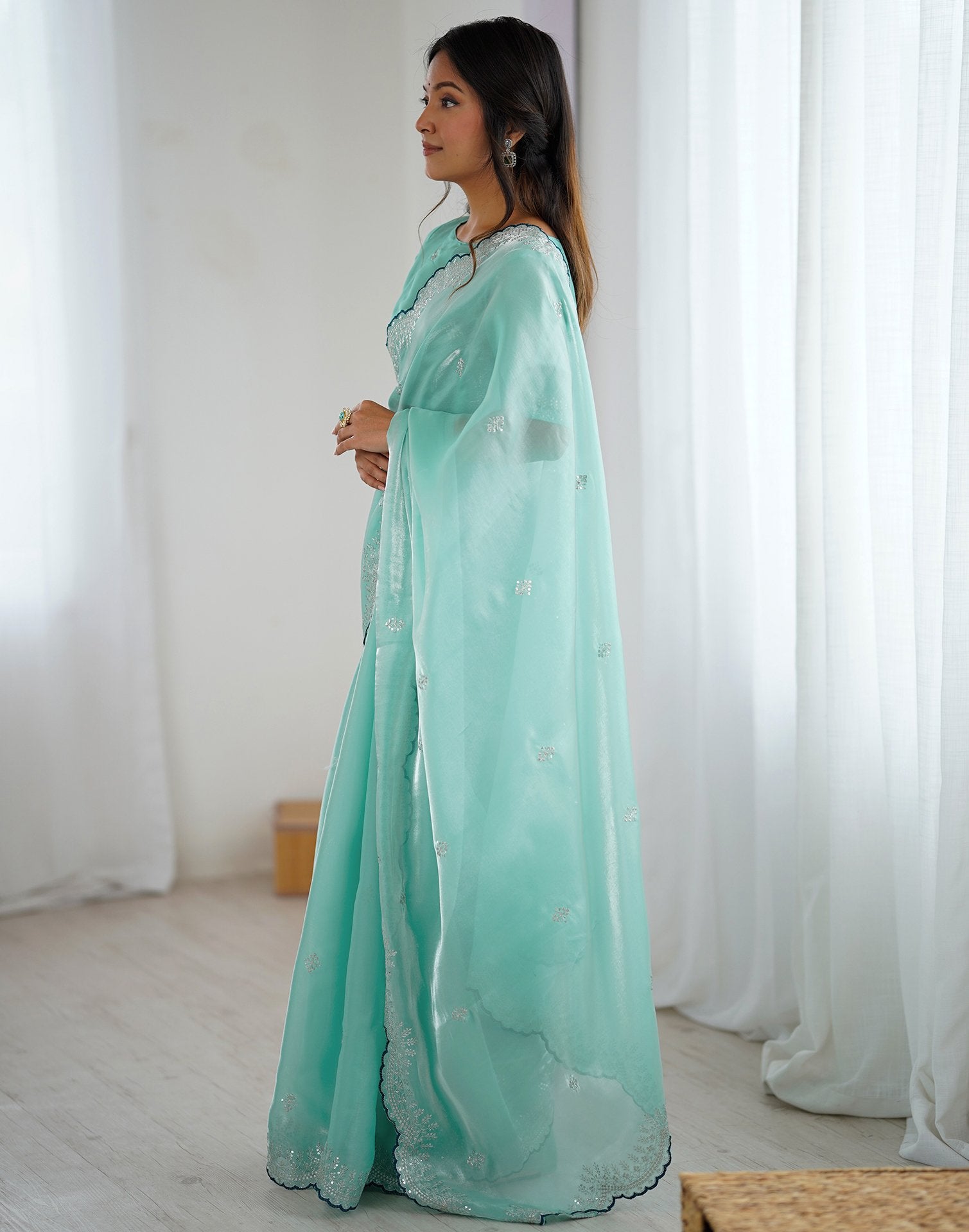 Sky Blue Tissue Silk Embroidery Saree