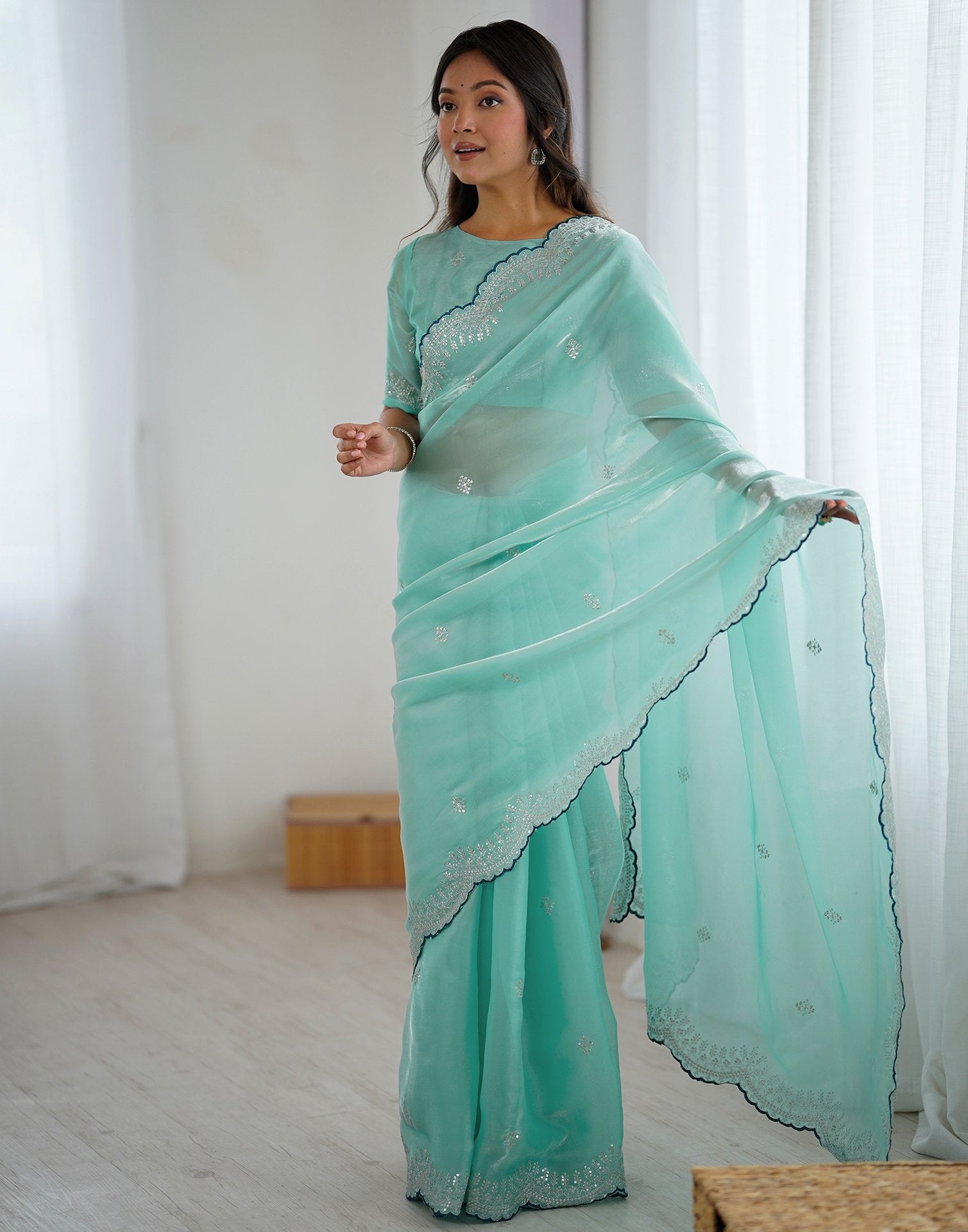 Sky Blue Tissue Silk Embroidery Saree