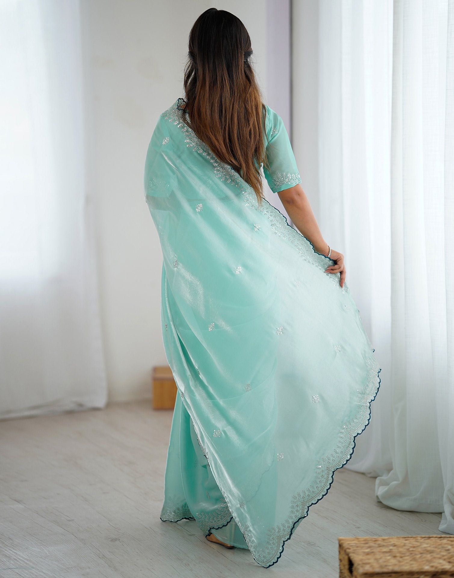 Sky Blue Tissue Silk Embroidery Saree