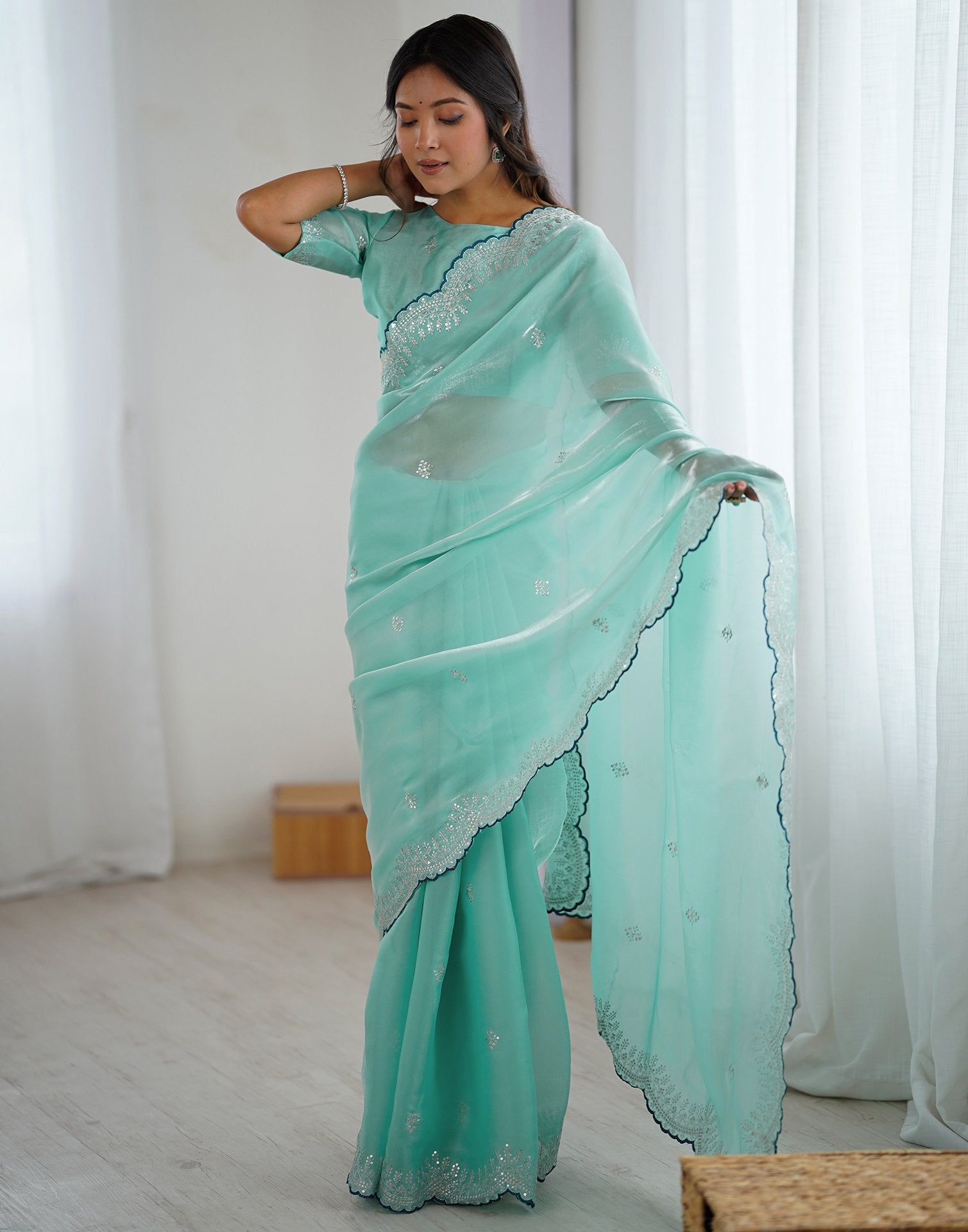 Sky Blue Tissue Silk Embroidery Saree