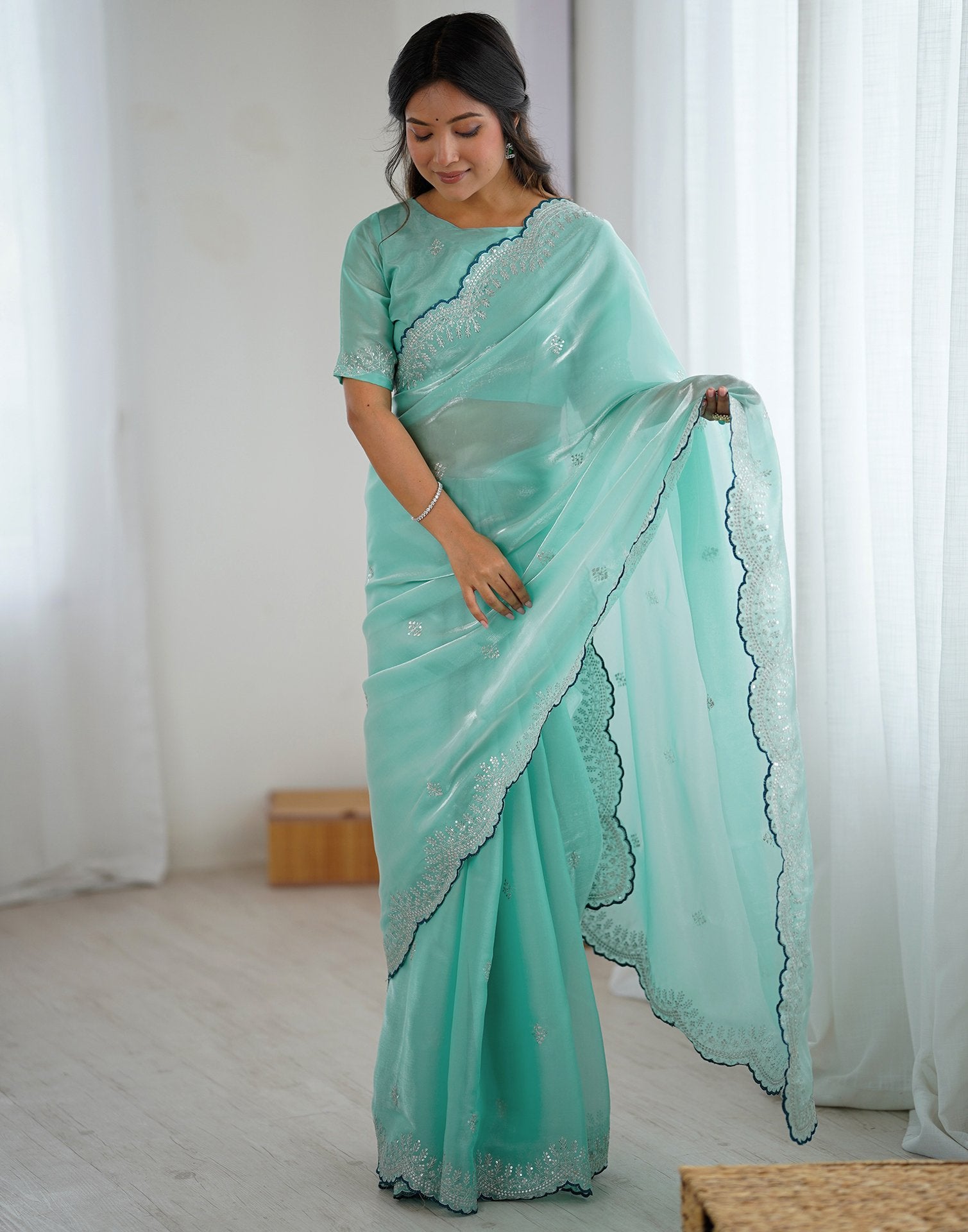 Sky Blue Tissue Silk Embroidery Saree