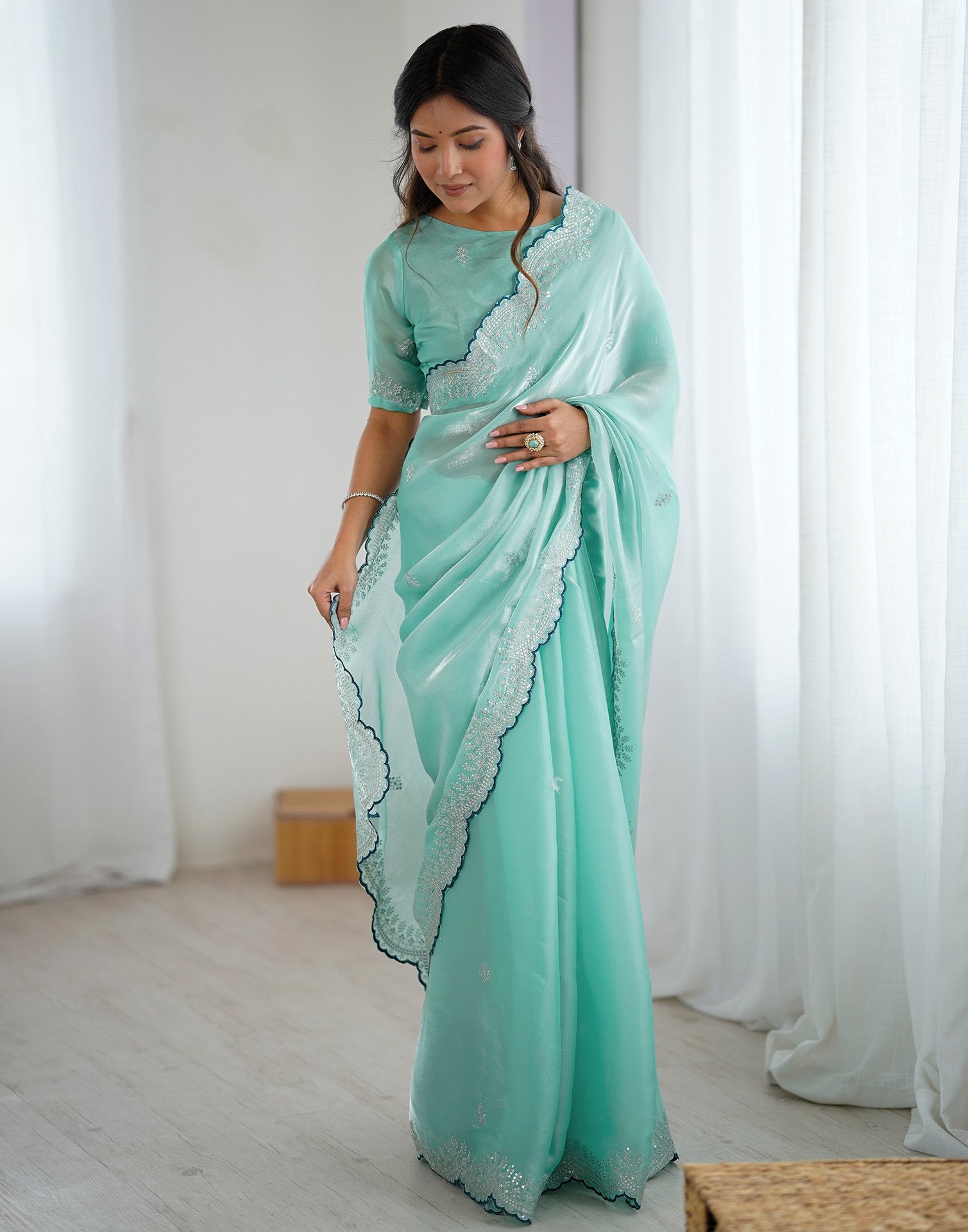 Sky Blue Tissue Silk Embroidery Saree