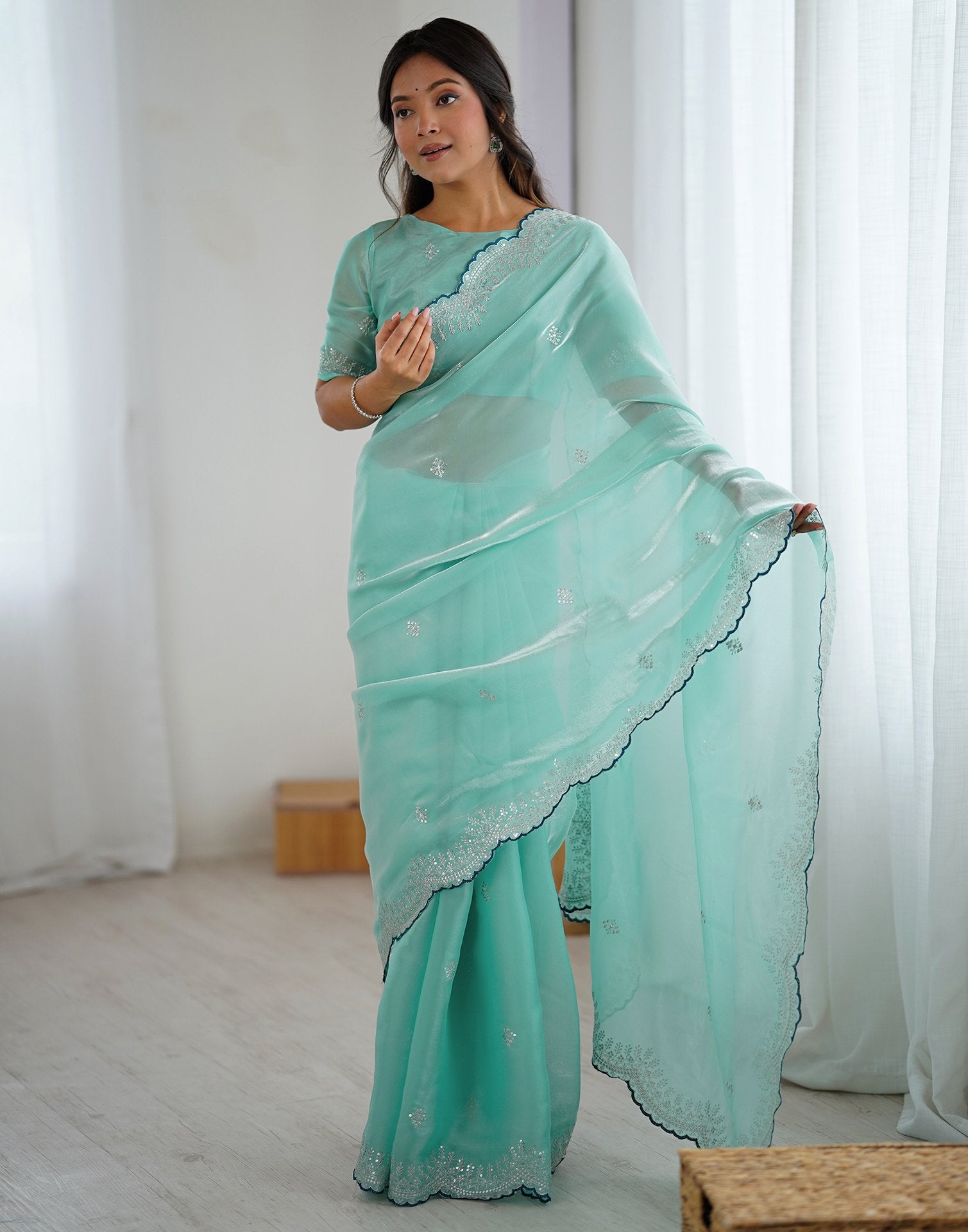 Sky Blue Tissue Silk Embroidery Saree