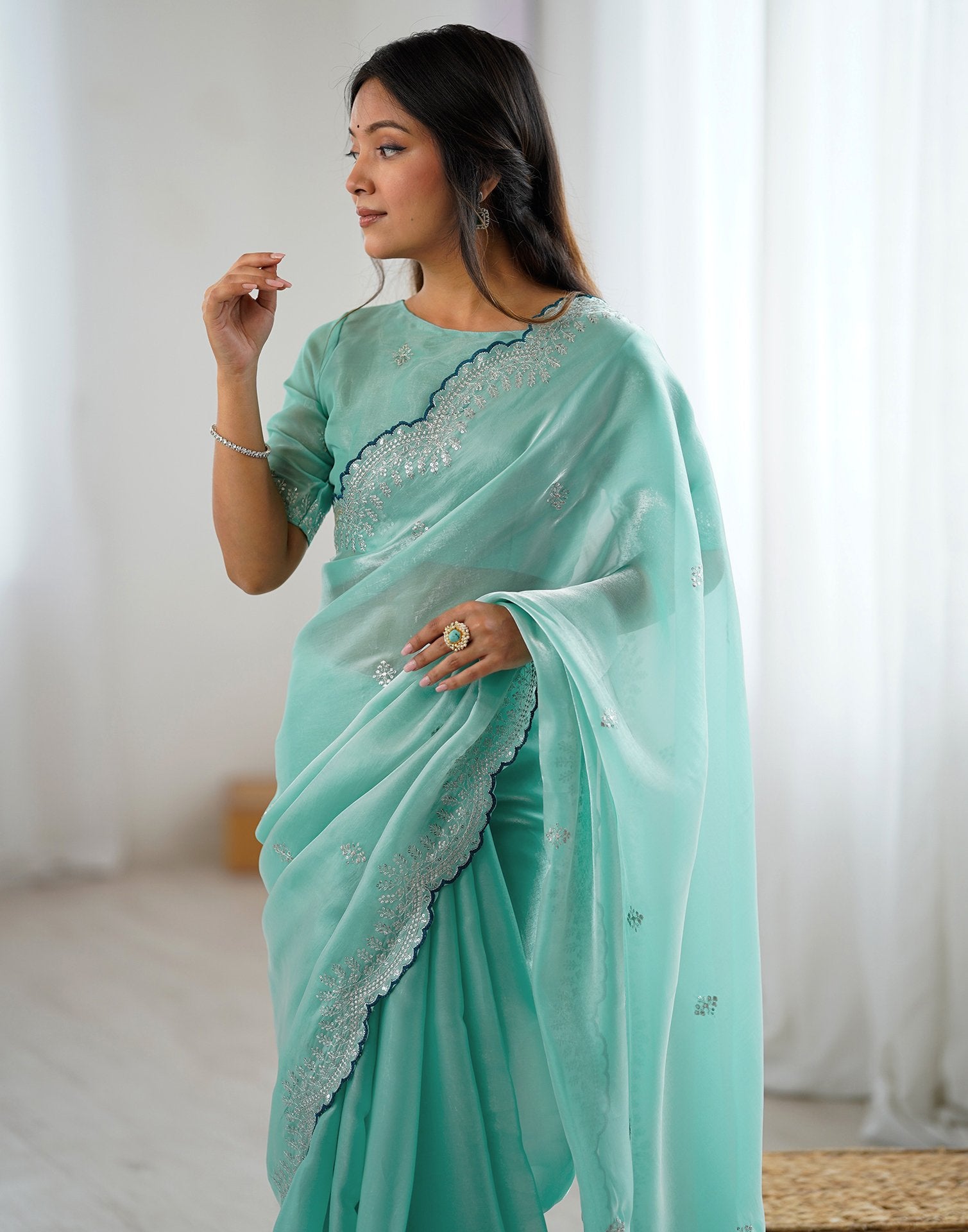 Sky Blue Tissue Silk Embroidery Saree