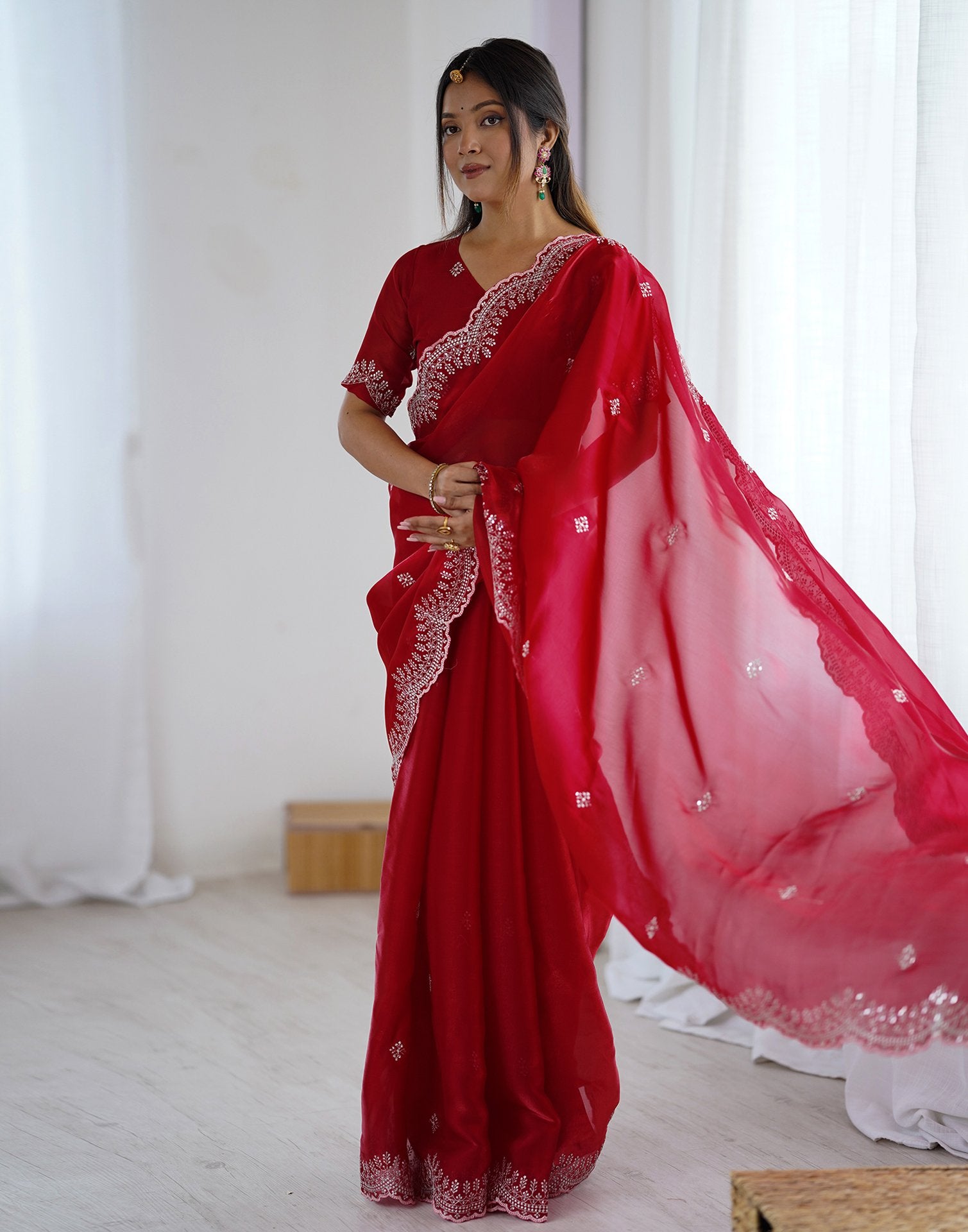Red Tissue Silk Embroidery Saree