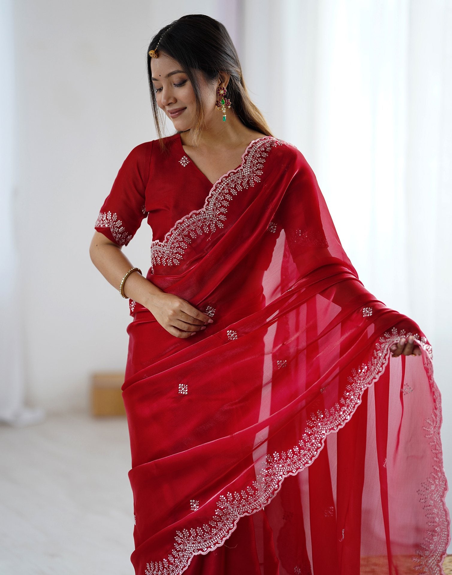 Red Tissue Silk Embroidery Saree