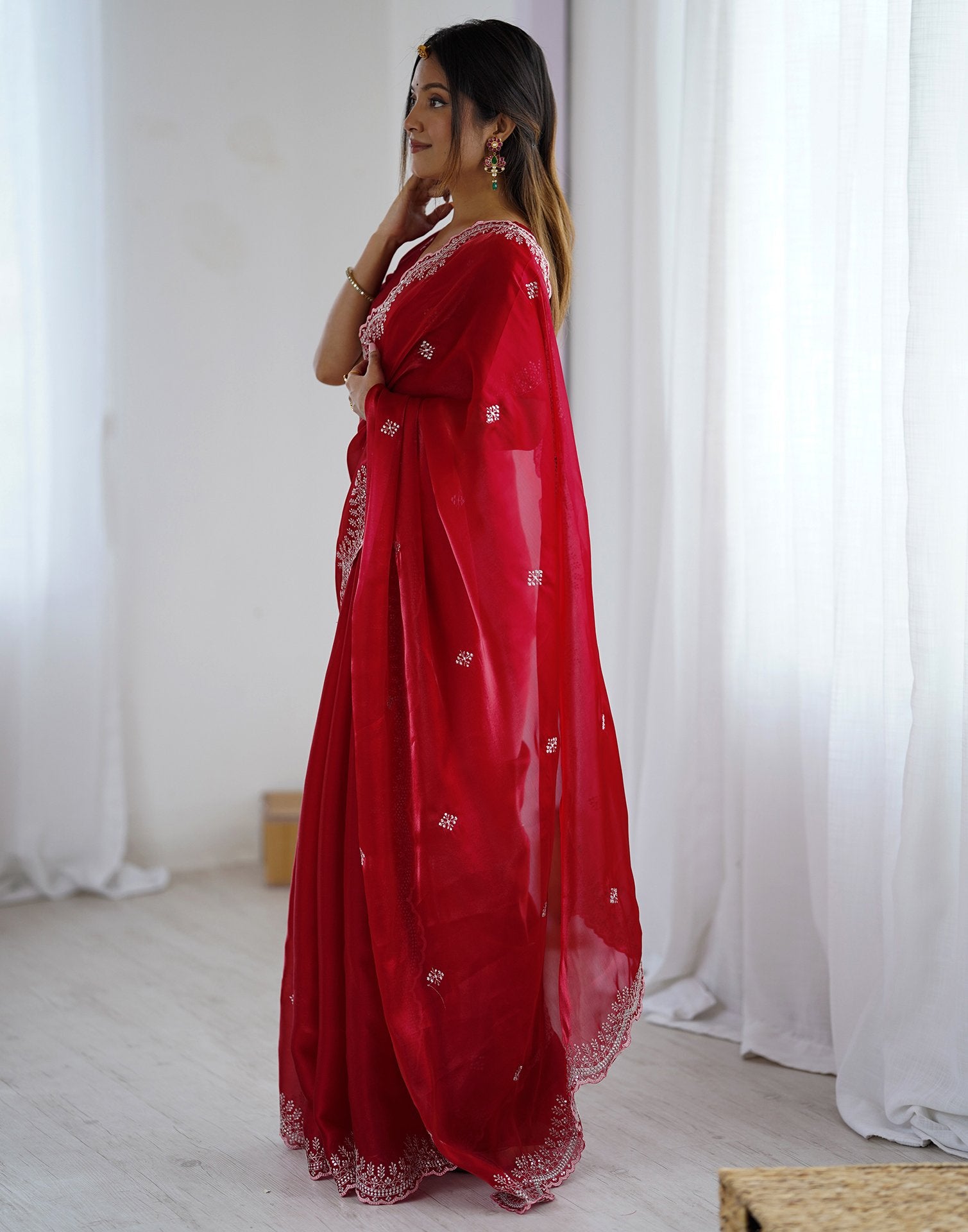 Red Tissue Silk Embroidery Saree