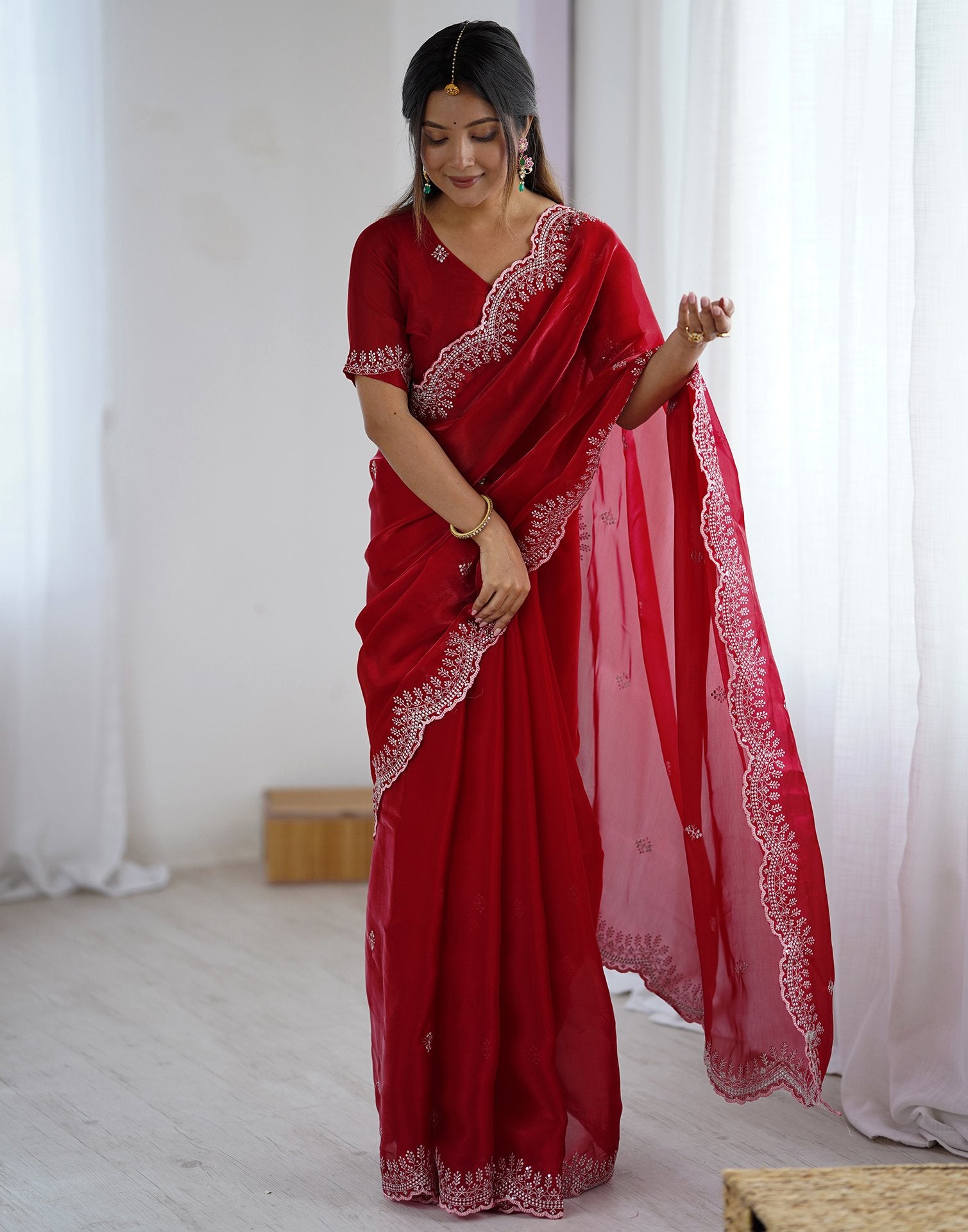 Red Tissue Silk Embroidery Saree