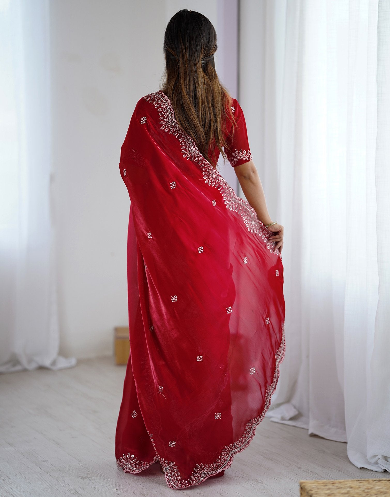 Red Tissue Silk Embroidery Saree