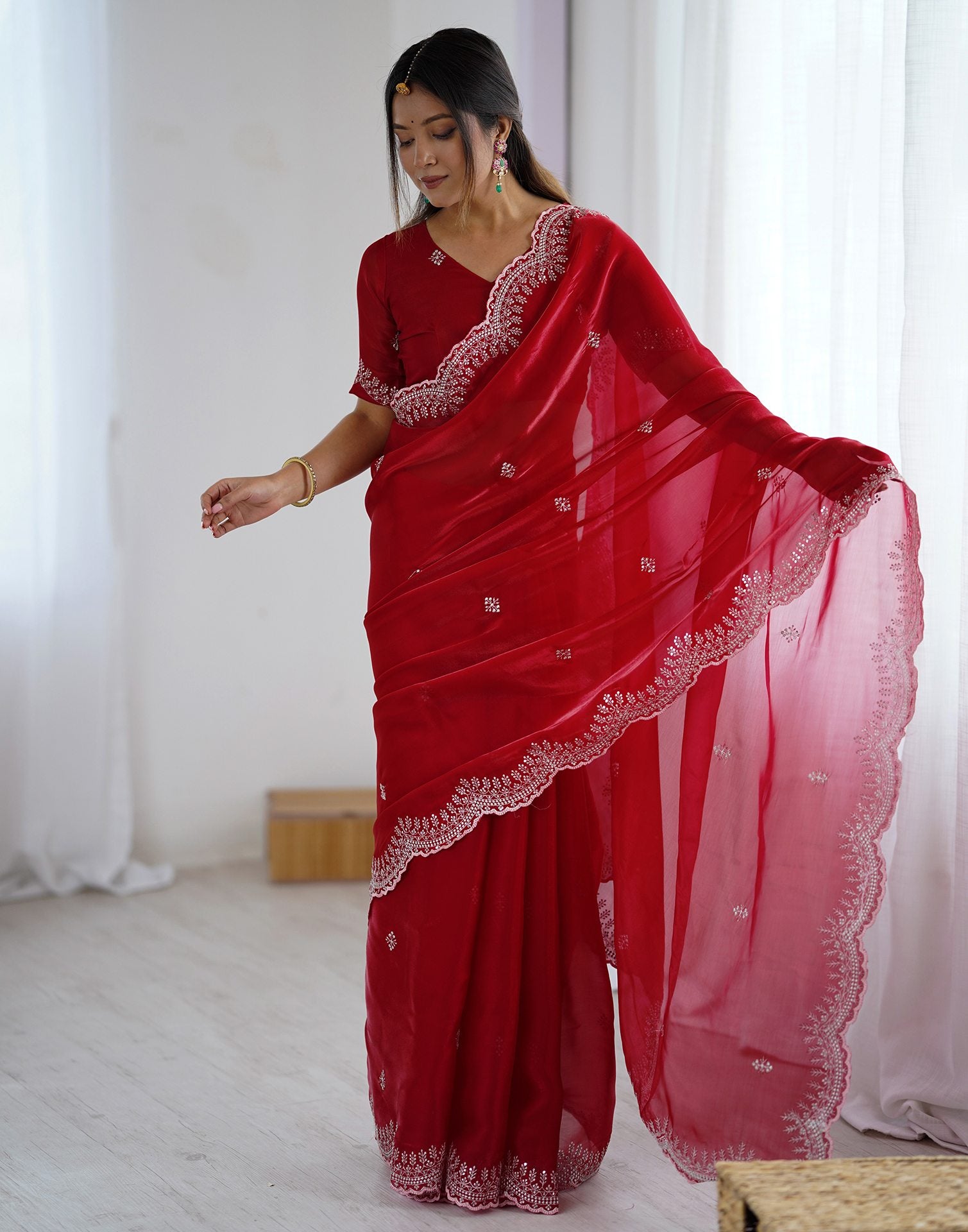 Red Tissue Silk Embroidery Saree