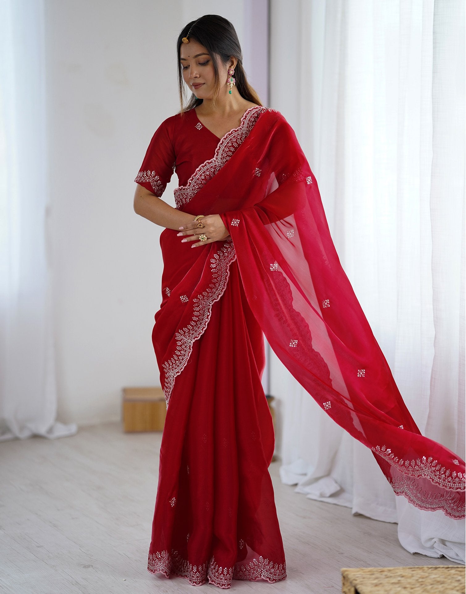 Red Tissue Silk Embroidery Saree